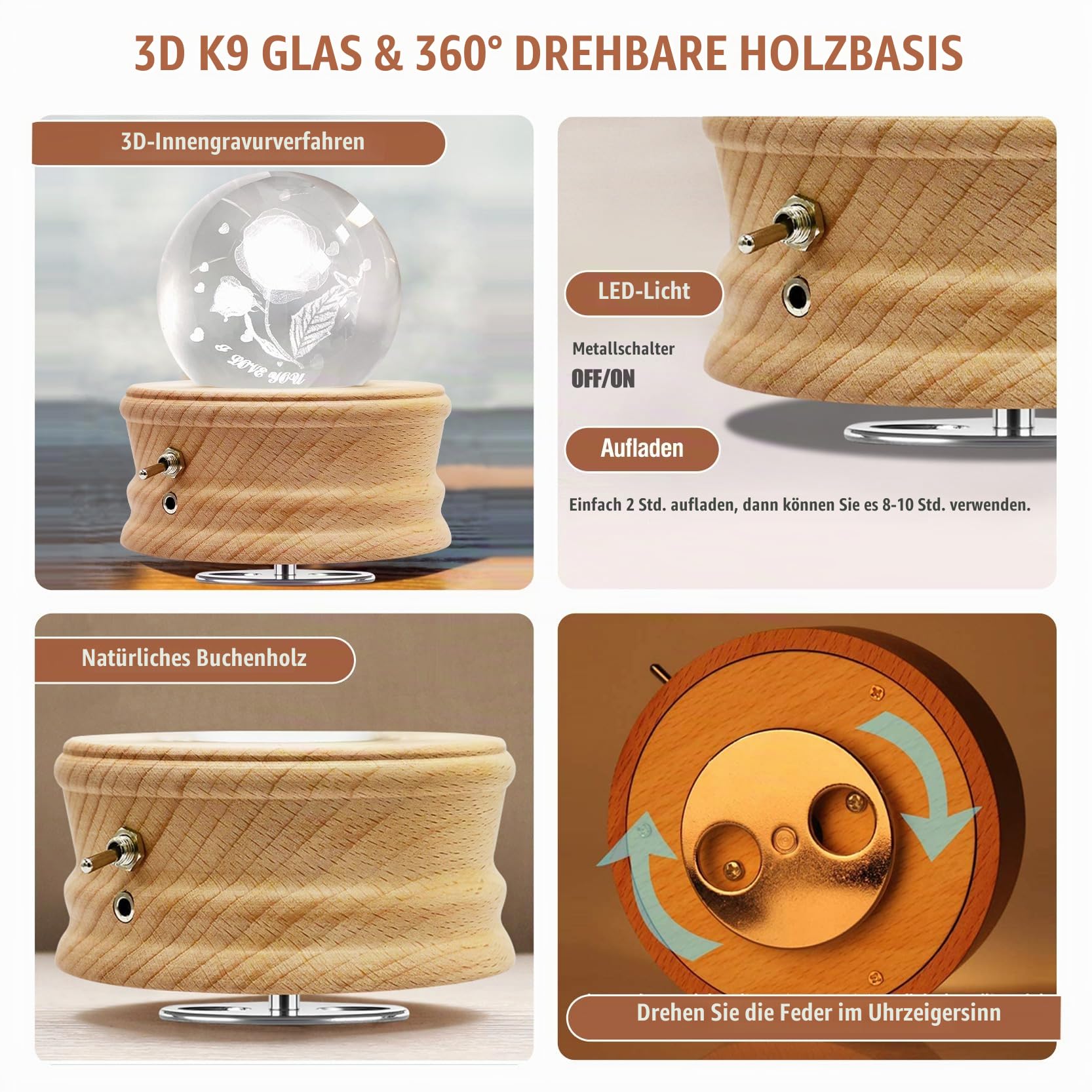 Kristallkugel Spieluhr, Hölzerne Spieluhr mit Projektionsfunktion, 360° Rotierende Drehbar Holzsockel, 3D K9 Glas, Geschenke für Frauen Mama Geburtstagsgeschenk Valentinstag