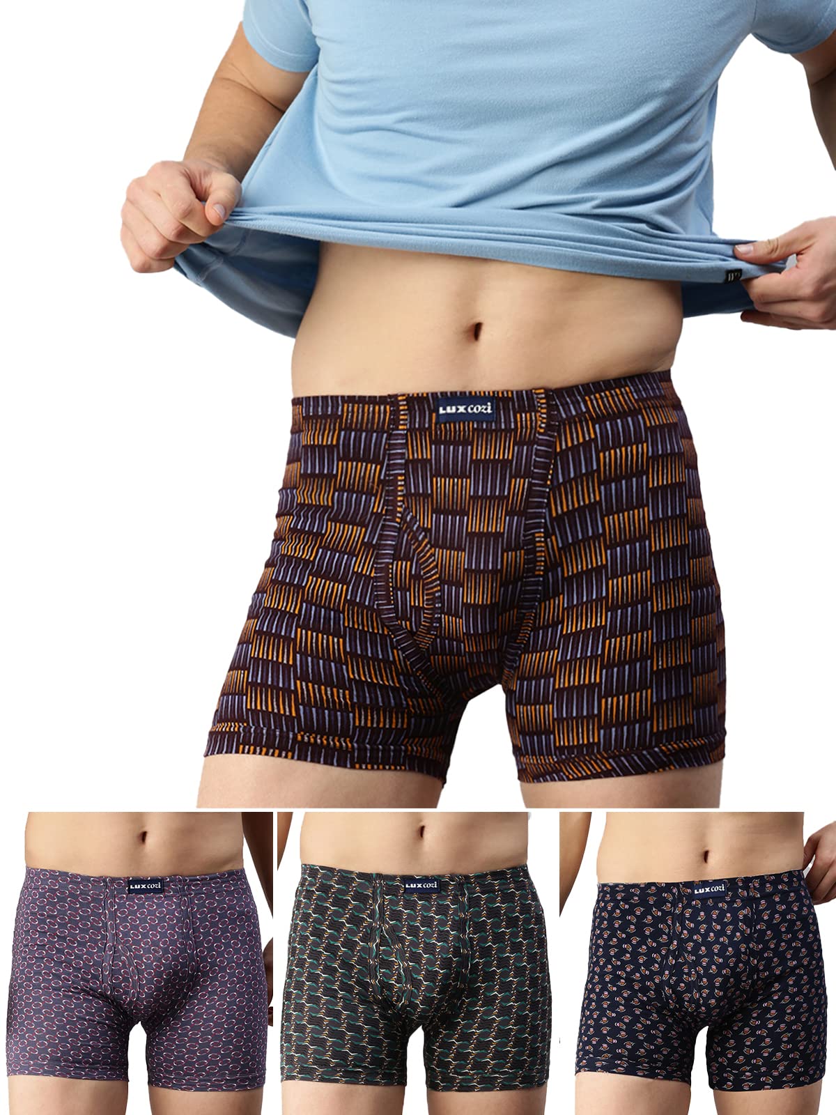 Lux CoziMen's Assorted Inner Elestic Long Printed Trunk| Printed Trunk for Men (Color & Prints May Vary), Printed, 90 CM