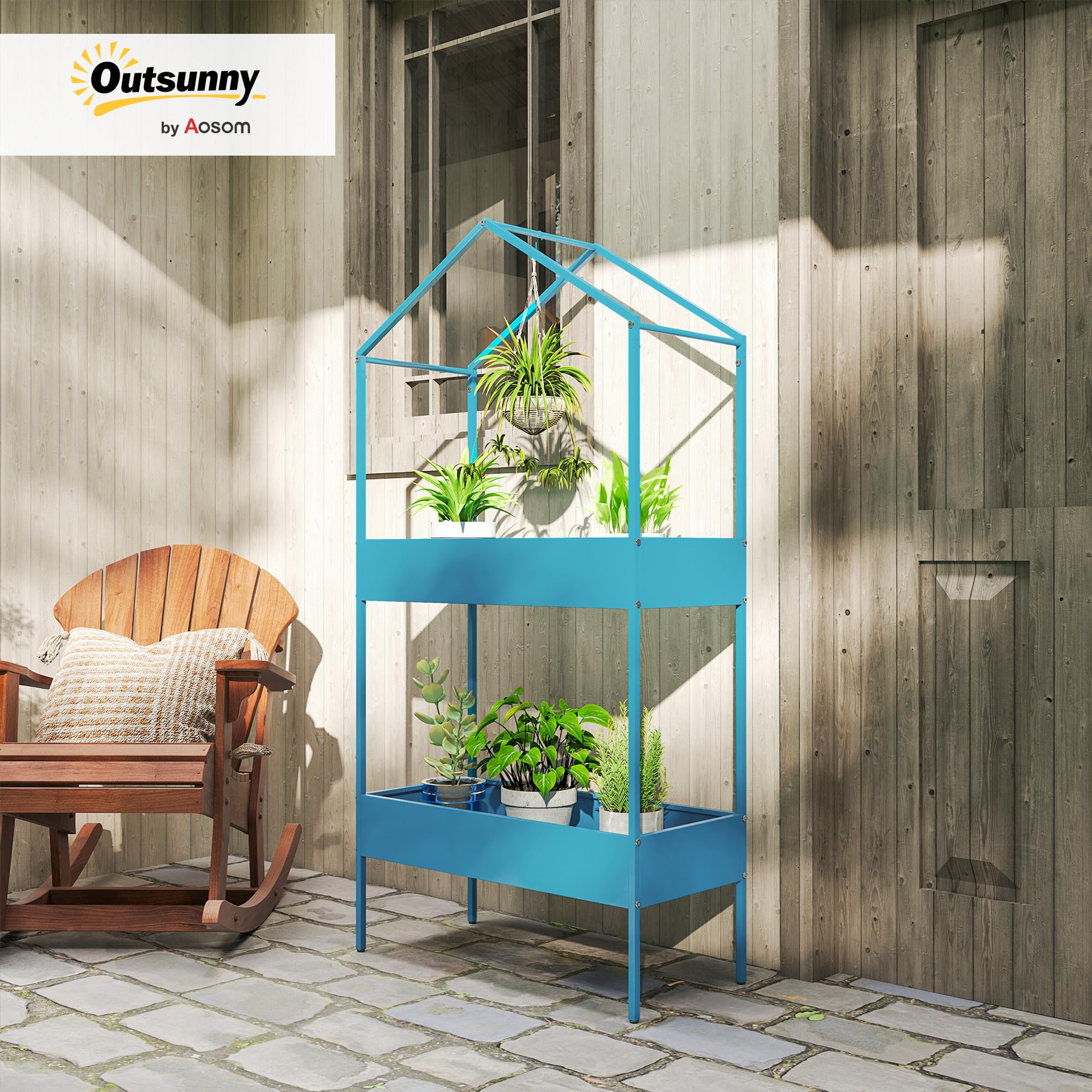 Outsunny Pflanzenregal mit 2 Ebenen, Pflanzenhalter aus Metall mit Haken, Pflanzenhalter in Form eines Hauses für Garten, Terrasse, Balkon, Wohnzimmer, blau-grün