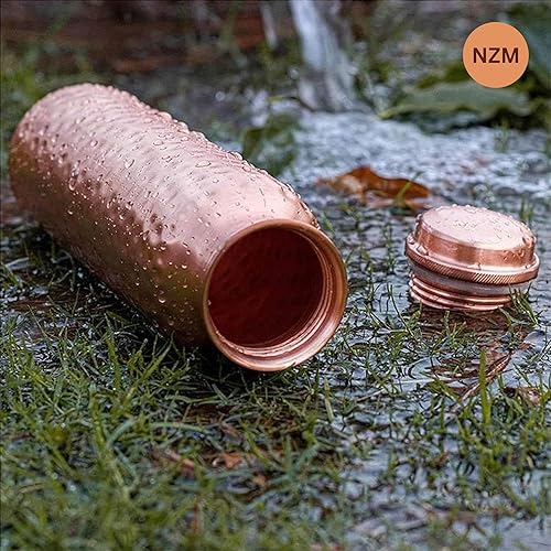 Miniatura 7 de NZM Botella de agua de cobre puro de 34 onzas para beber, tapa a prueba de fugas, botella de agua ayurvédica de cobre martillado de 33.8 fl oz