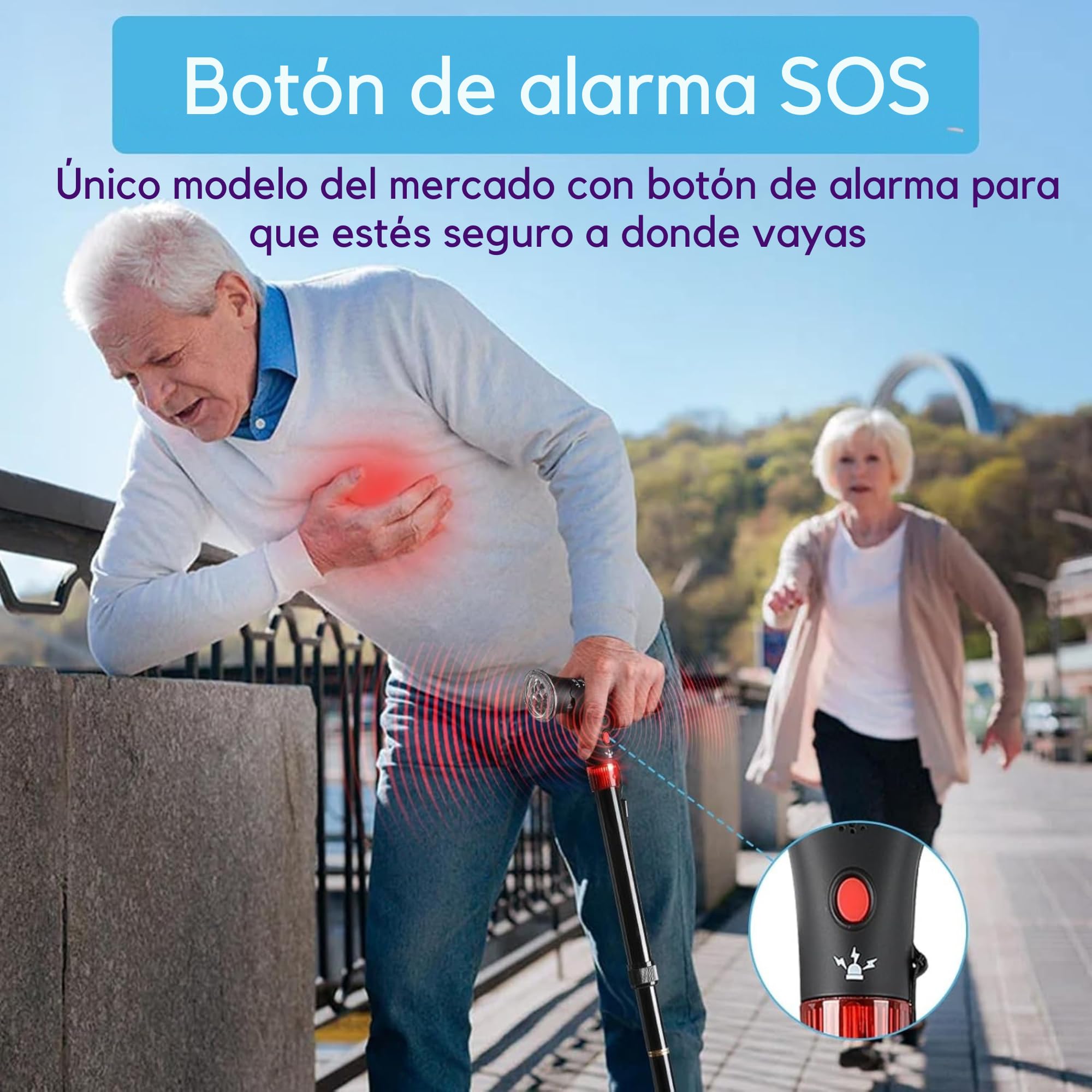 SMARTIA - Bastón Plegable con Alarma y Luz LED, Bastón para Mayores con Base Antideslizante y anticaidas, Altura Ajustable a 5 Niveles, Bastón para Mujer y Hombre, Materiales de 1ª Calidad