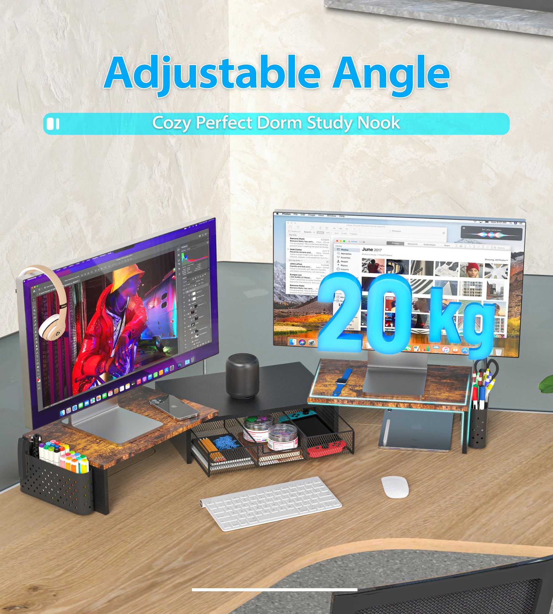MOWETOO Support de Double Moniteur Réglable en Bois avec Tiroir et Porte-Stylos, Rangement Multifonction pour PC Portable, Ordinateur de Bureau et Imprimante