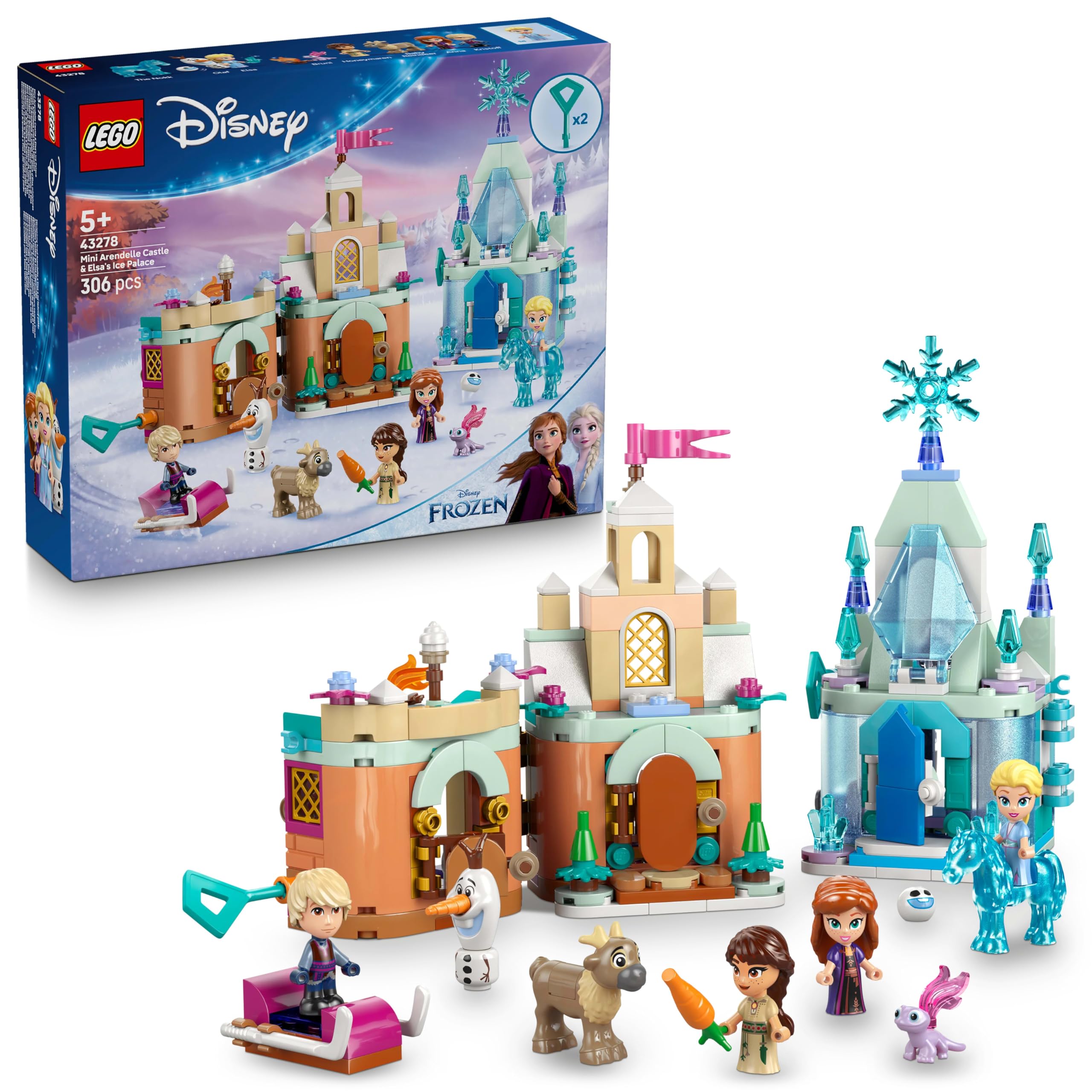 LEGO ǀ Disney Frozen Mini Arendelle Castle & Elsa’s Ice Palace. - 2 Lockable Castle Toys with 4 Micro Dolls incl. Anna & Elsa, plus Animal Figures - Gift for 5+ Year Old Girls - 43278