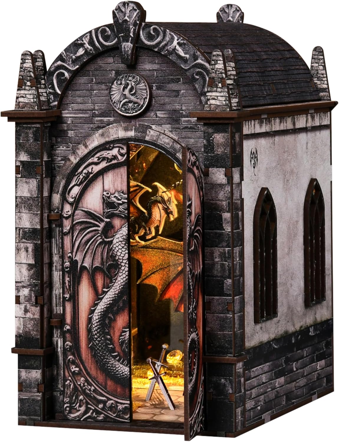 DIY Book Nook Kit, Dragons Treasure Labyrinth Miniature House Kit for Adults - 3D Wooden Puzzle Bookshelf Insert with LED Light, Touch Switch and Acrylic Baffle - (130 Pcs)