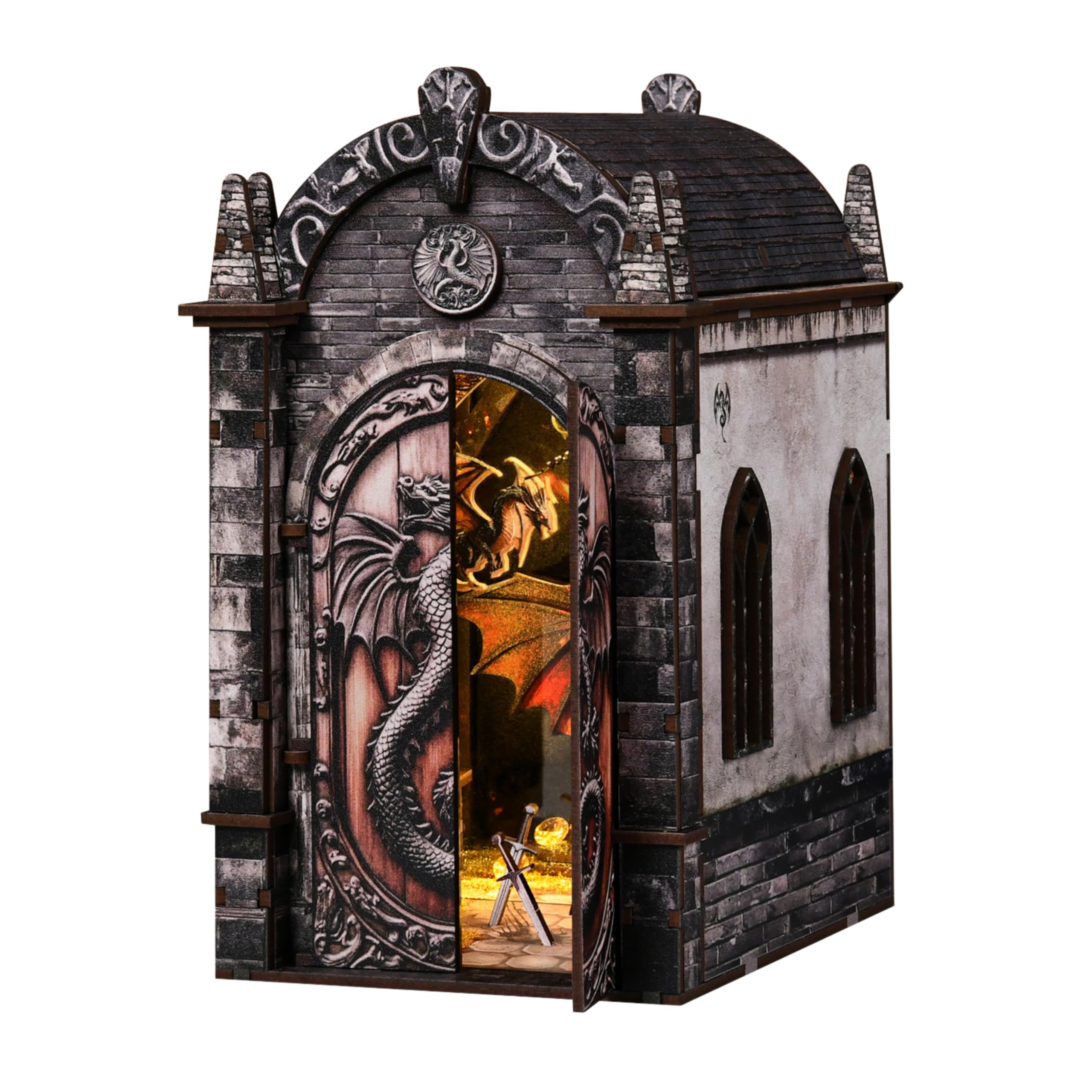 Photo 1 of **FACTORY SEALED** DIY Book Nook Kit, Dragons Treasure Labyrinth Miniature House Kit for Adults - 3D Wooden Puzzle Bookshelf Insert with LED Light, Touch Switch and Acrylic Baffle - (130 Pcs)