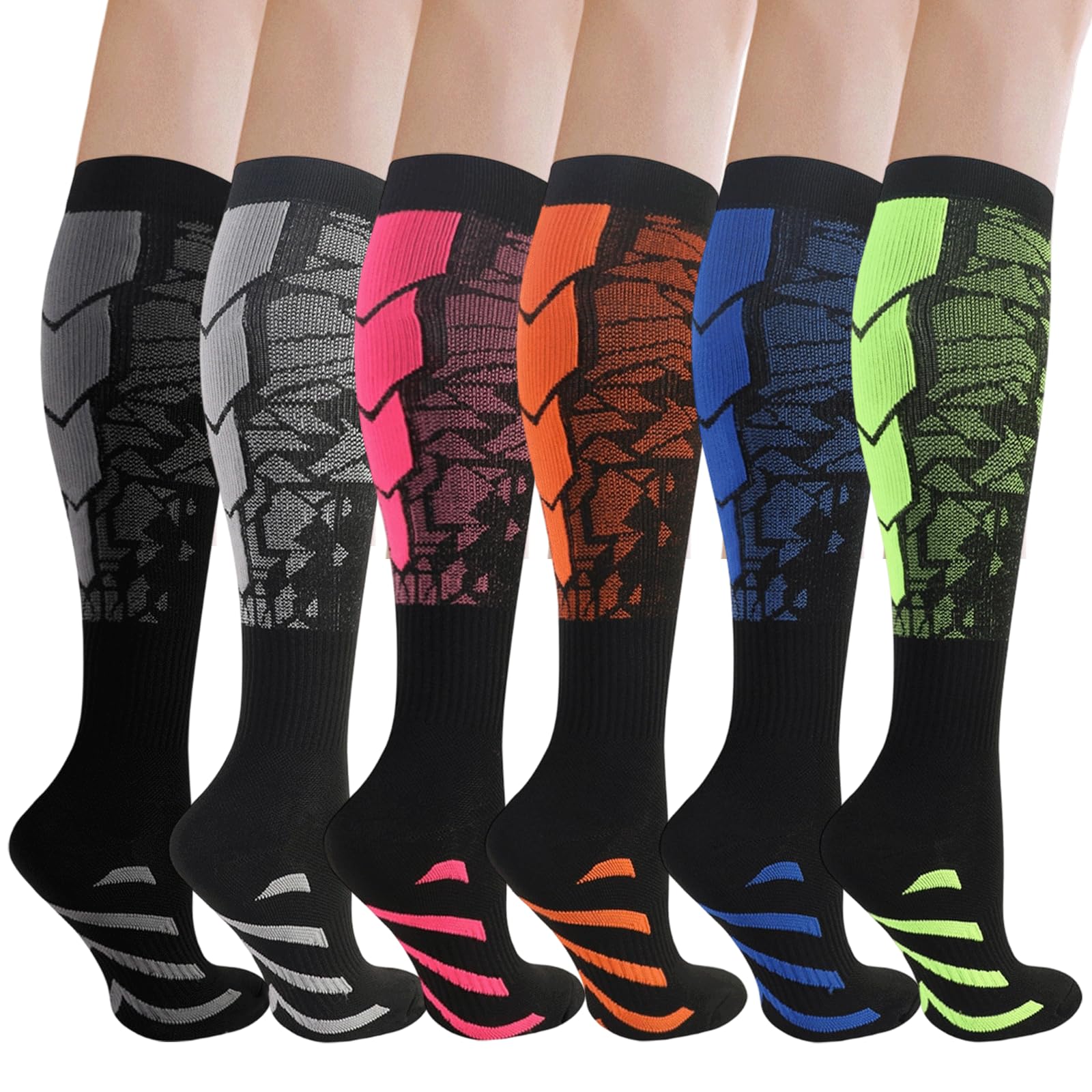 6 Pares Medias de Compresión Mujer Hombre, 18-25mmHg Calcetines Compresion, Medias de Compresion Varices, Compression Socks para Deporte Running Avion Viaje Ciclismo