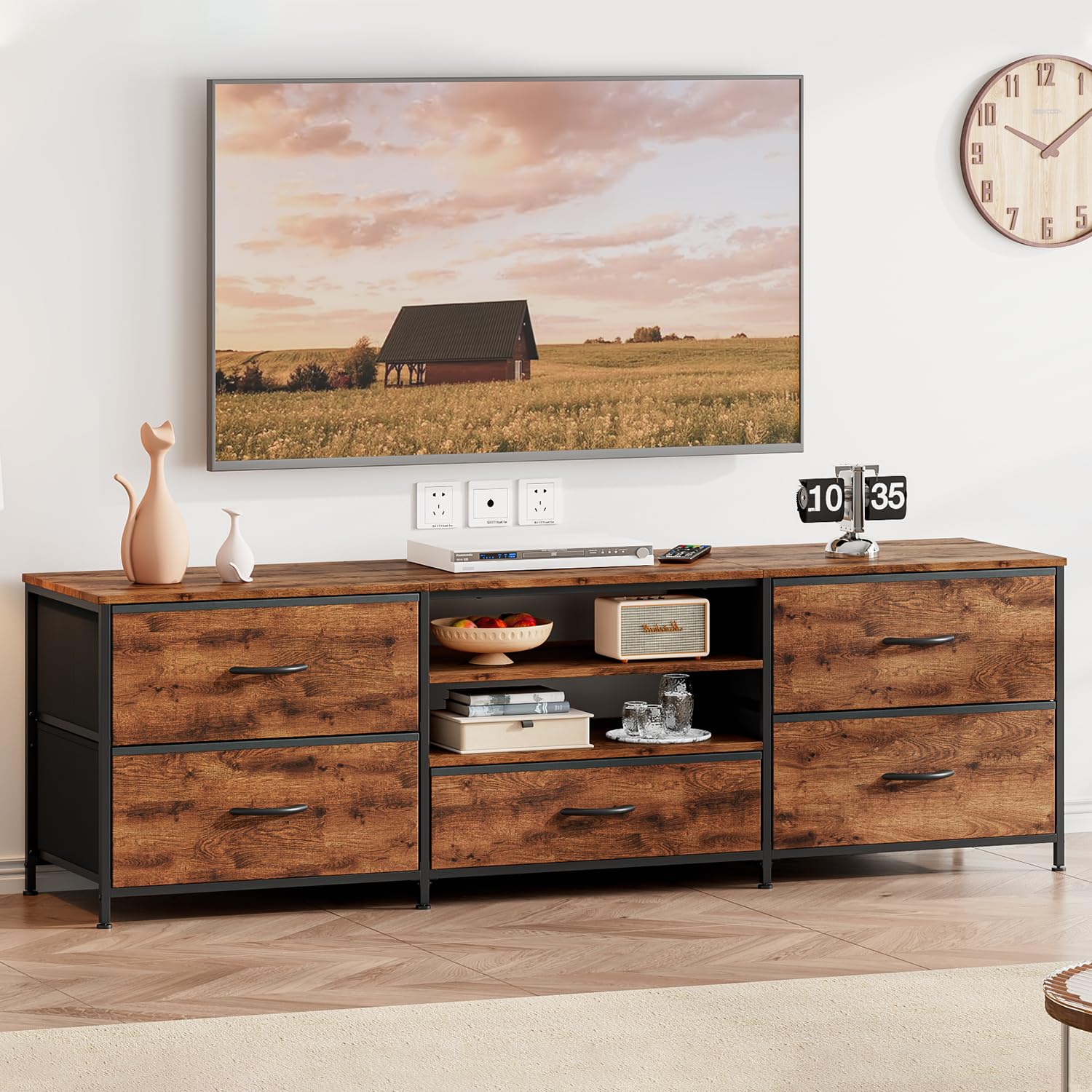 Mobile TV Per TV Fino A 65 Pollici - Con 5 Cassetti In Tessuto E 2 Ripiani, Legno E Metallo, 140x30x50 Cm - Foto 5