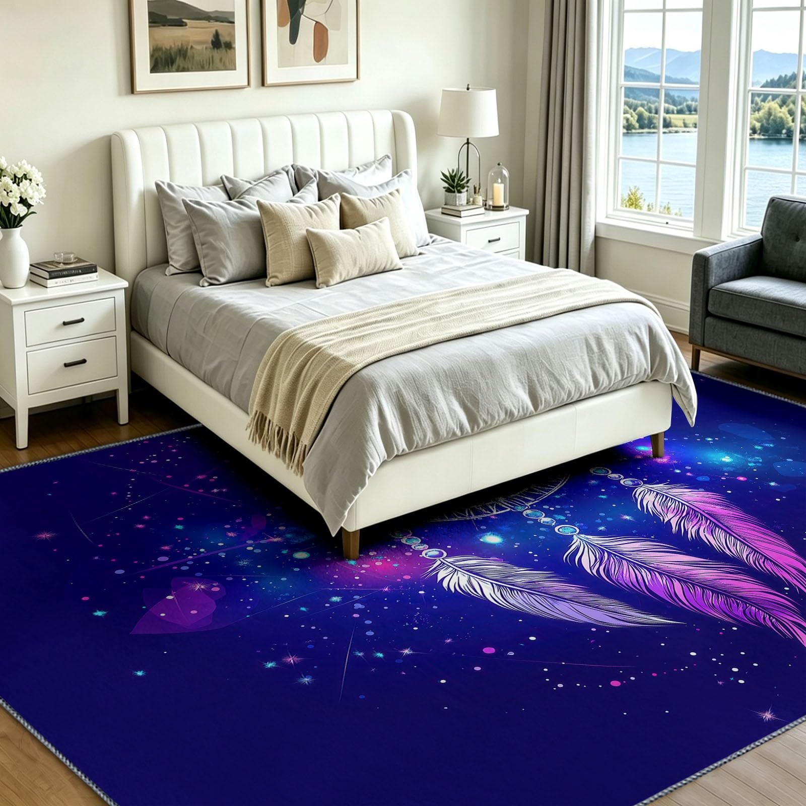 Waschbarer Wohnzimmerteppich, Galaxie Traumfänger Federn Niedriger Flor Teppich, Weich Hautfreundlich, Mystisch Fantasy Groß Rutschfest Teppiche für Schlafzimmer und Kinderzimer, 120 x 180 cm
