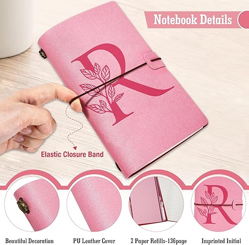 Miniatura 2 de JEWPHX Diario personalizado para regalo, diario de cuero con inicial rosa + juego de bolígrafo de corazón de diamante, cuaderno de viaje, bloc de