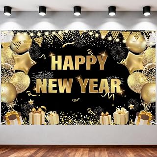 2026 Happy New Year Banner Backdrop Fabric Black Gold Design for Photo Booth Background New Years Eve Party Decorations 71 x 43 inch