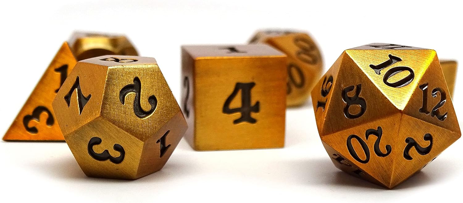 7 Piece Legendary Metal Dice Set - Bronze, Gold, Silver, and Copper Designs with Signature Font (Legendary Gold)