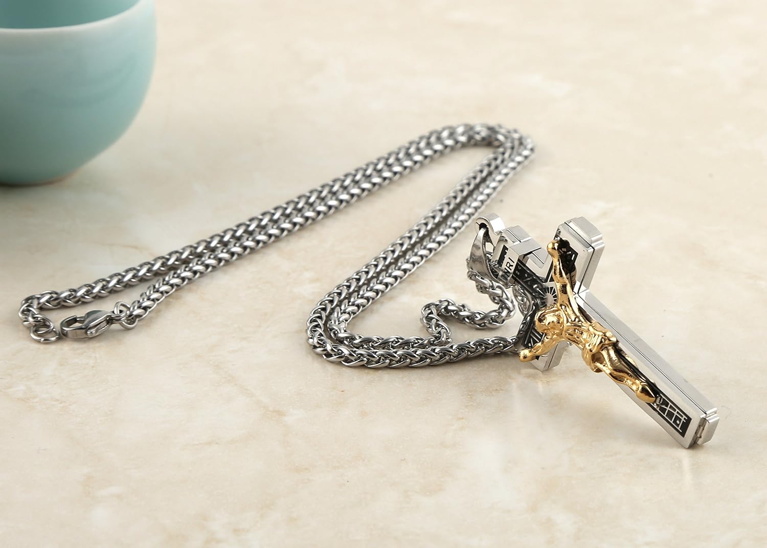 HZMAN Catholic Jesus Christ on INRI Cross Crucifix Gold Silver Tone stainless steel Pendant Necklace 22+2 Chain - Image 6