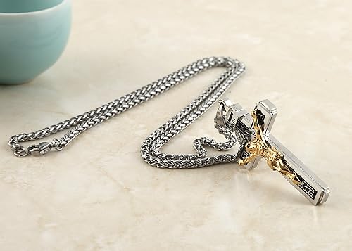 Miniatura 6 de HZMAN Católico Jesucristo en INRI Cruz Crucifijo Oro Plata Tono Acero Inoxidable Colgante Collar 22+2 Cadena