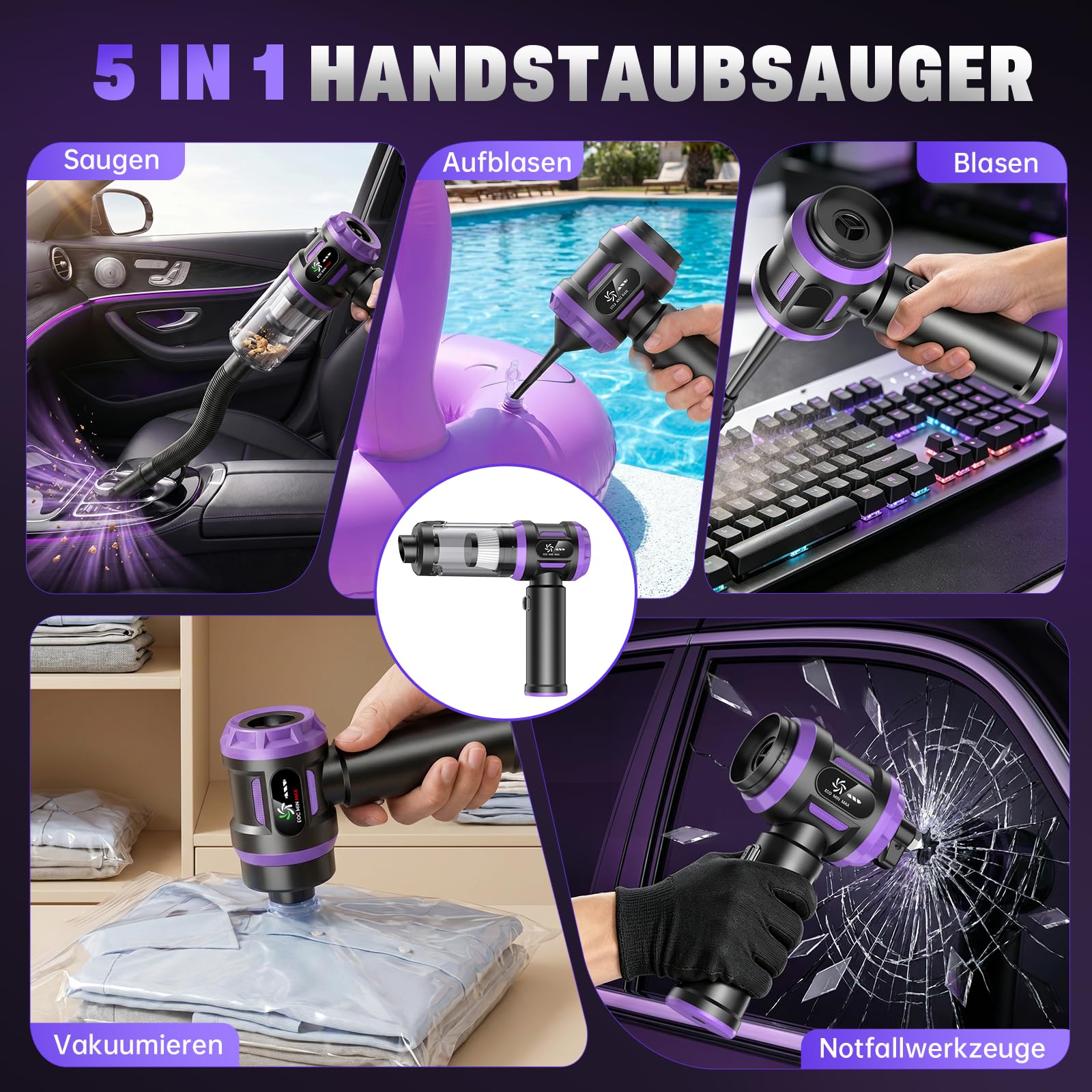 Handstaubsauger Akku 27000Pa mit LED-Display, 5-in-1 Kabelloser Autosauger Stark ,Bürstenloser Motor 220000 RPM,3 Stufen Mini Staubsauger mit HEPA-Filter,12 Zubehör für Auto,PC,Sofa,Tierhaare,Notfall