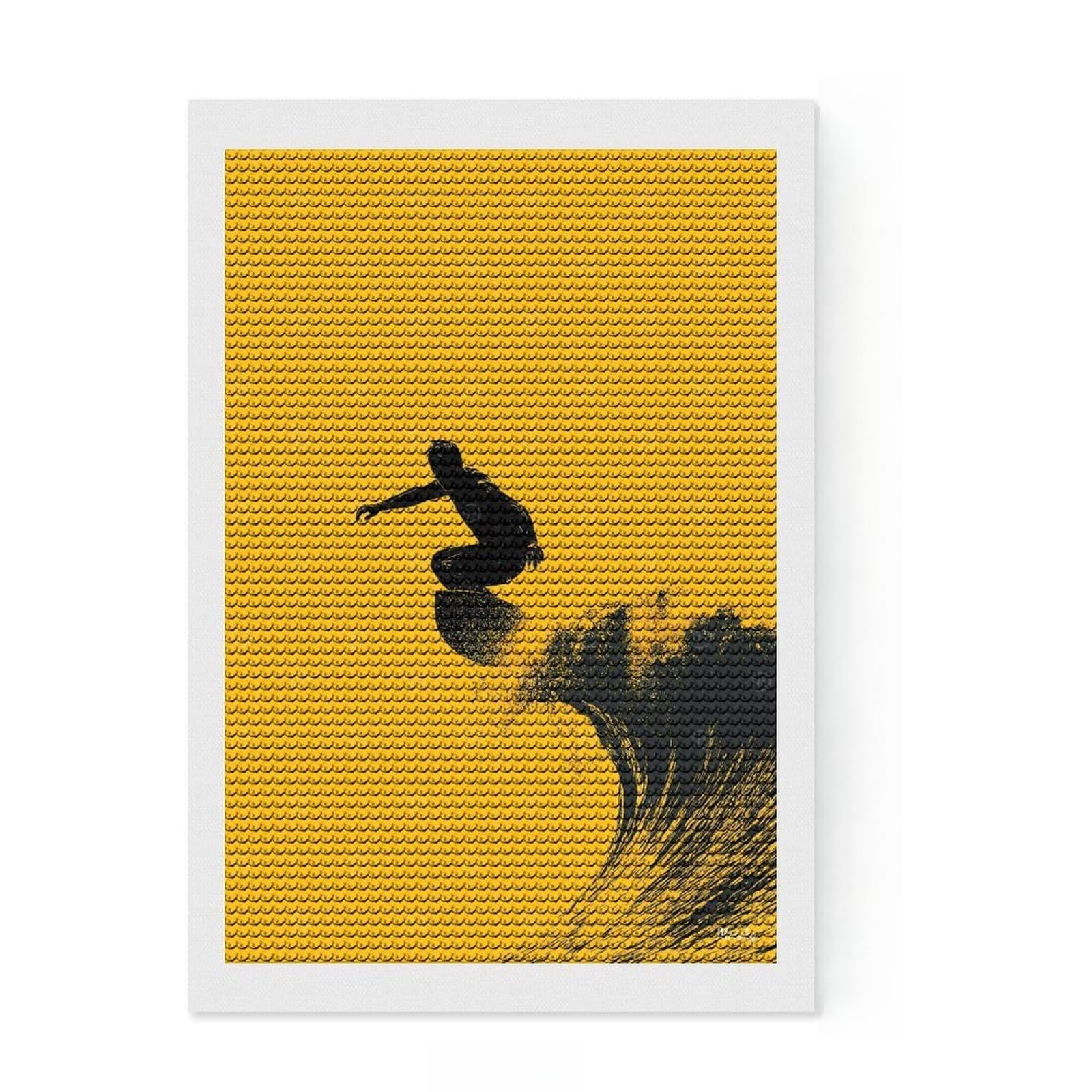 Junmoney Surfer Silhouette – Bold Wave on Yellow Diamond Art Canvas 8"x12", for Teens, Enjoyable At-Home Hobby, Office Decor, Gift Idea, Pleasing Wall Art Project