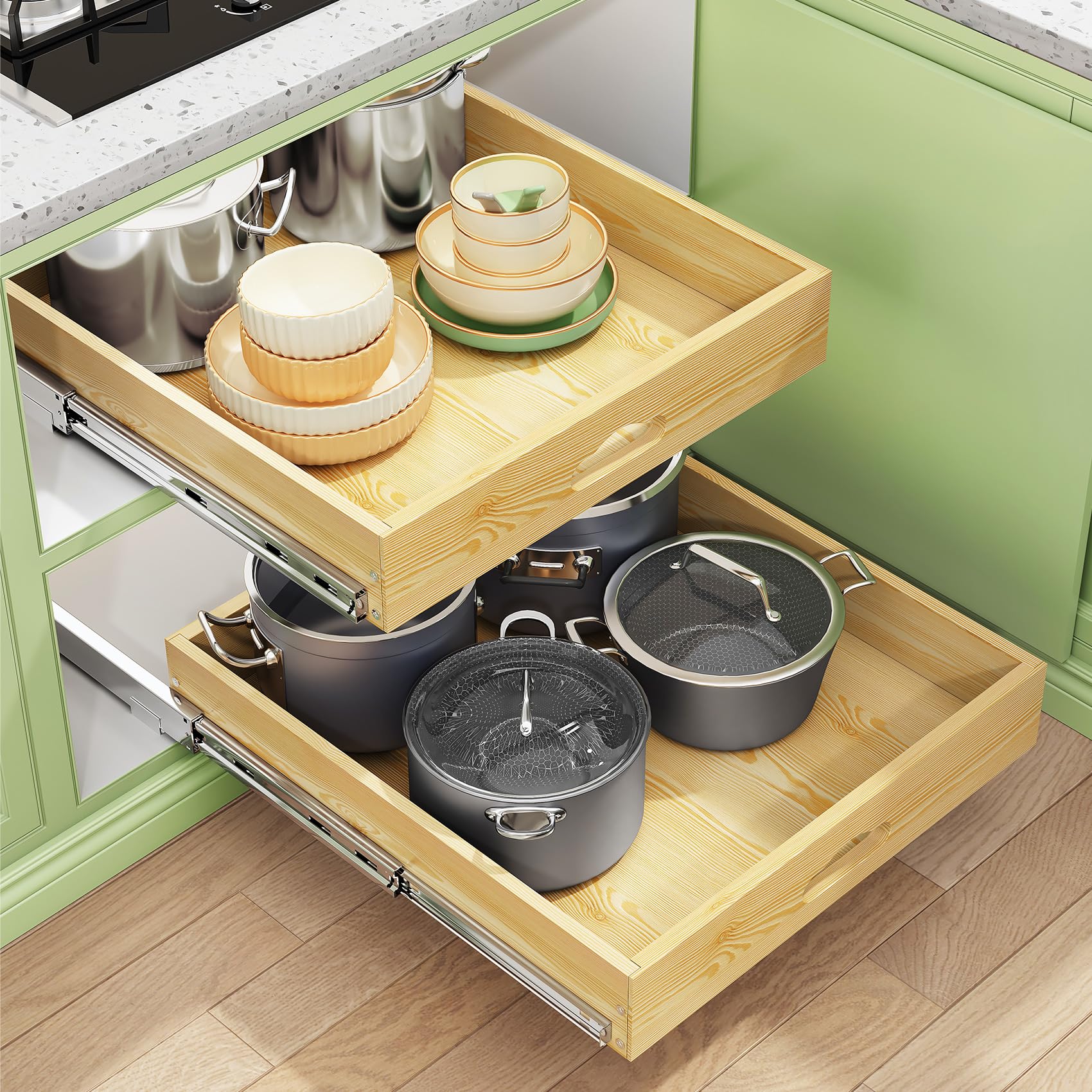 Kitstorack Pull Out Cabinet Organizer, Soft Close Wooden