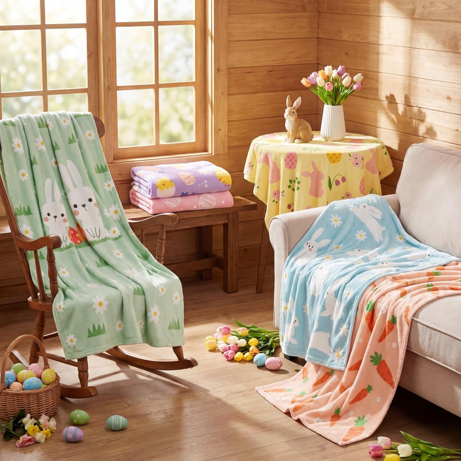 Buryeah 6 Pcs Easter Flannel Throw Blankets Bunny Rabbit Eggs Pattern Spring Soft Fuzzy Plush Flannel Throw Blankets Spring Easter Day Gifts for Couch Bed Sofa Travel Home Decor, 40x50 Inch