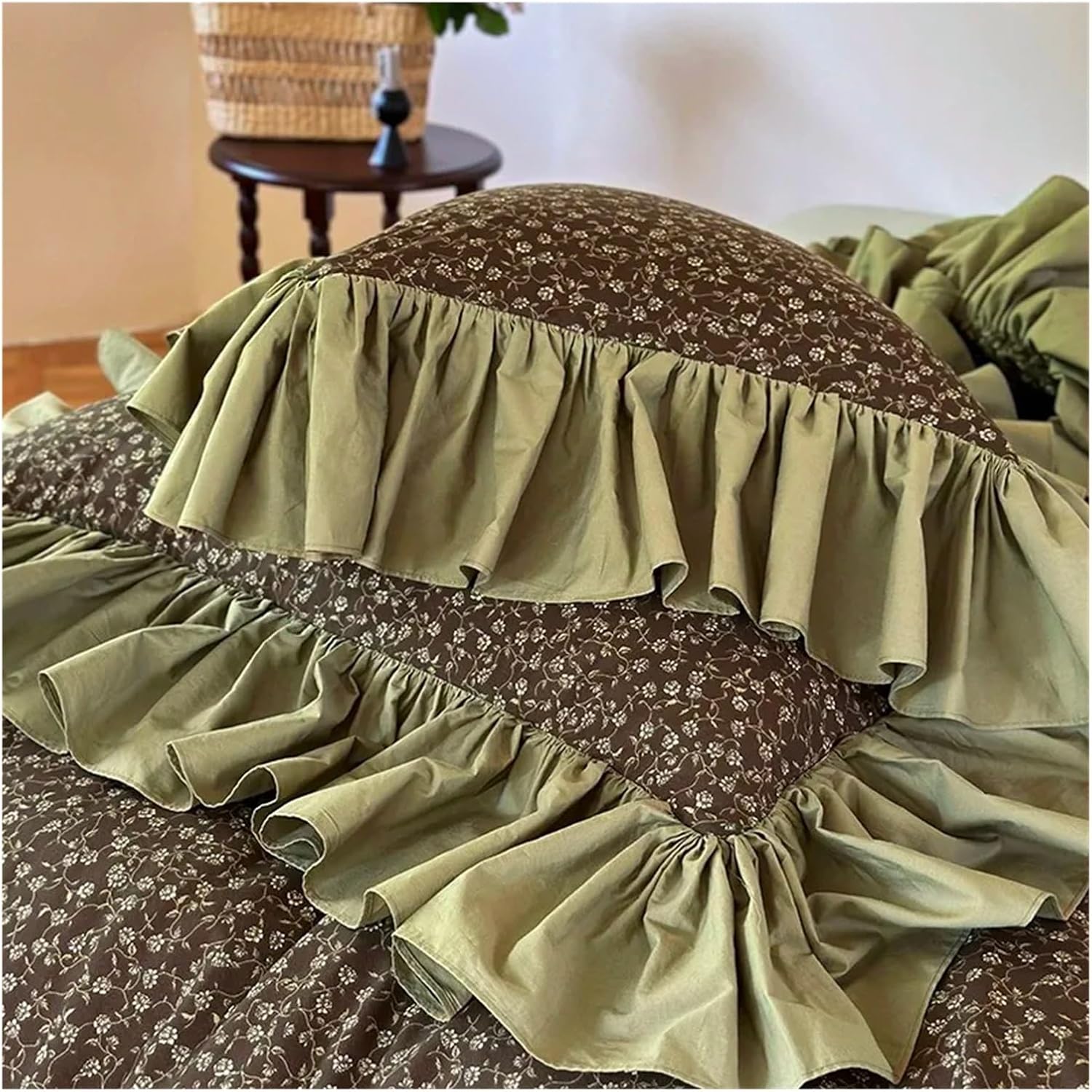 Bed Four Pieces Set Cotton Rustic Bedding Set Green Black Floral Ruffle Duvet Cover Elastic Sheet Pillowcase(Flat T,220X230cm)
