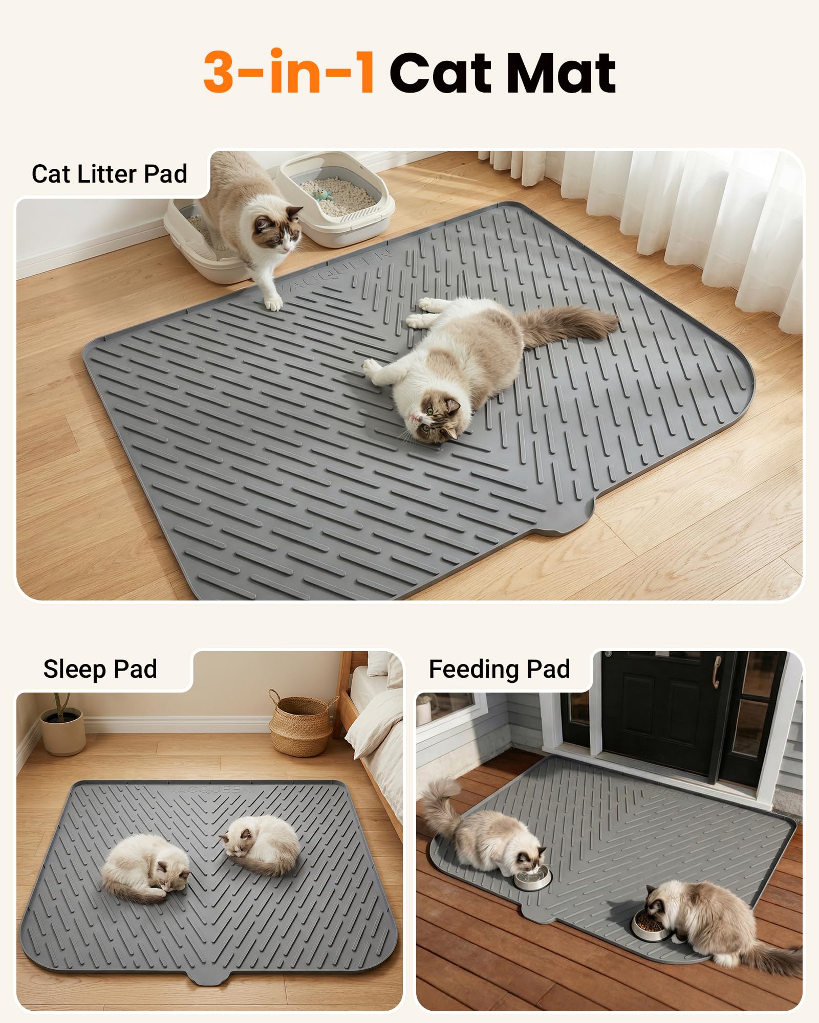 Cat Litter Box Mat, 47" x 37" Extra Large Cat Litter Mat, Silicone Waterproof Litter Trapping Mat for Scatter Control Soft on Kitty Paws Non-Slip Easy to Clean（Grey) - image 3