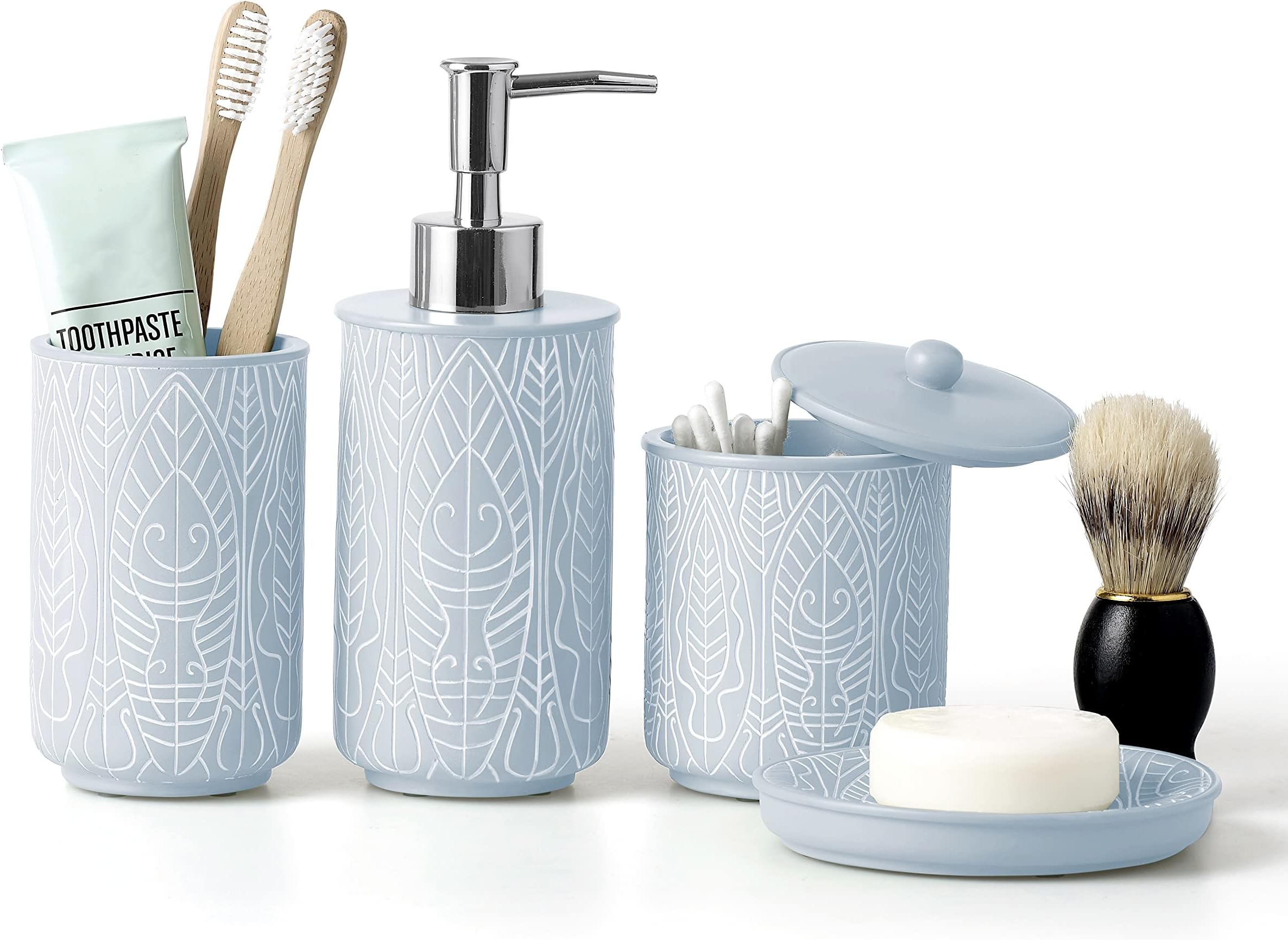 VIRTUNE Pastel Blue Bathroom Accessories Set. Resin Decor. Accesorios para Baños. New Apartment Essentials. Blue Toothbrush Holder and Soap Dispenser.