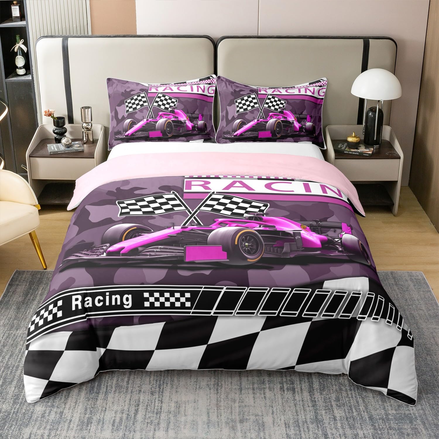 Cotton Purple Black Race Car Duvet Cover Full for Kids,Racing Car Extreme Sports 3 Pieces Duvet Cover,Kids Military Camouflage Print Comforter Cover (Not Comforter),Racing Game Gamer Quilt Cover