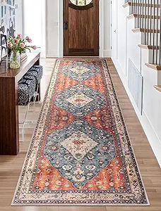 SERISSA Boho Washable Runner Rug, 2'6"x10' Long Non-Slip Tribal Hallway Kitchen Stair Runner Rug Ultra Soft Print Distressed Vintage Floor Carpet for Bedroom Bathroom Laundry Room