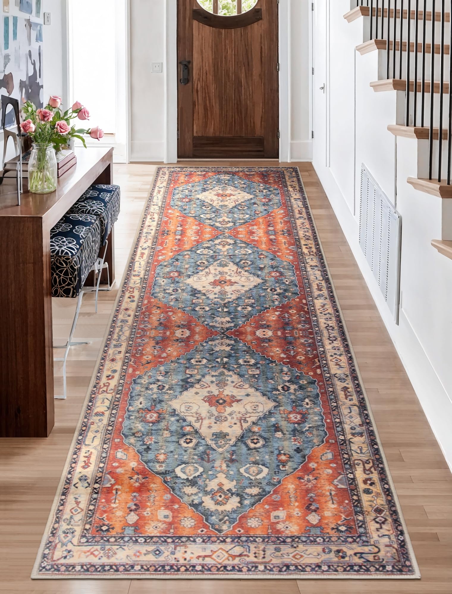 SERISSA Boho Washable Runner Rug, 2'6"x10' Long Non-Slip Tribal Hallway Kitchen Stair Runner Rug Ultra Soft Print Distressed Vintage Floor Carpet for