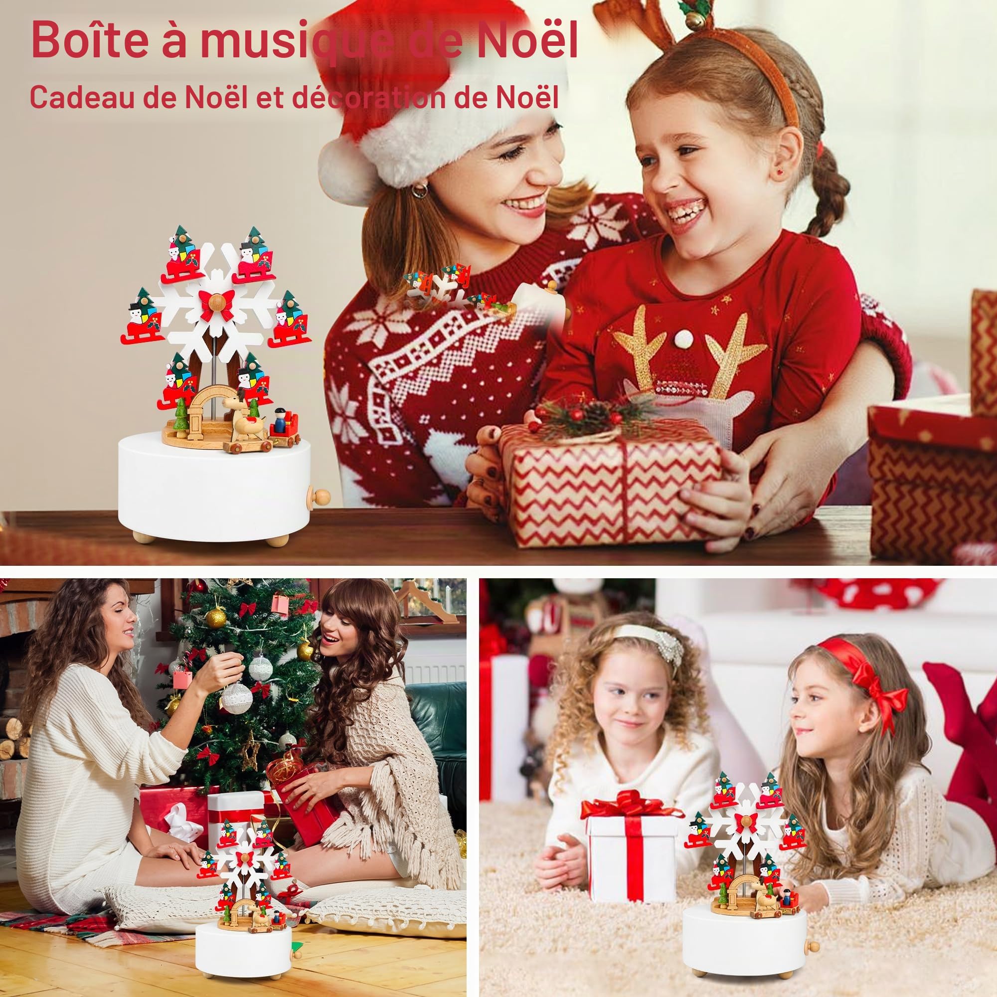 LONEEDY Boîte à musique en bois - Décoration de Noël en forme de flocon de neige - Élan personnalisé pour garçons et filles - Rotation (flocons de neige de Noël)