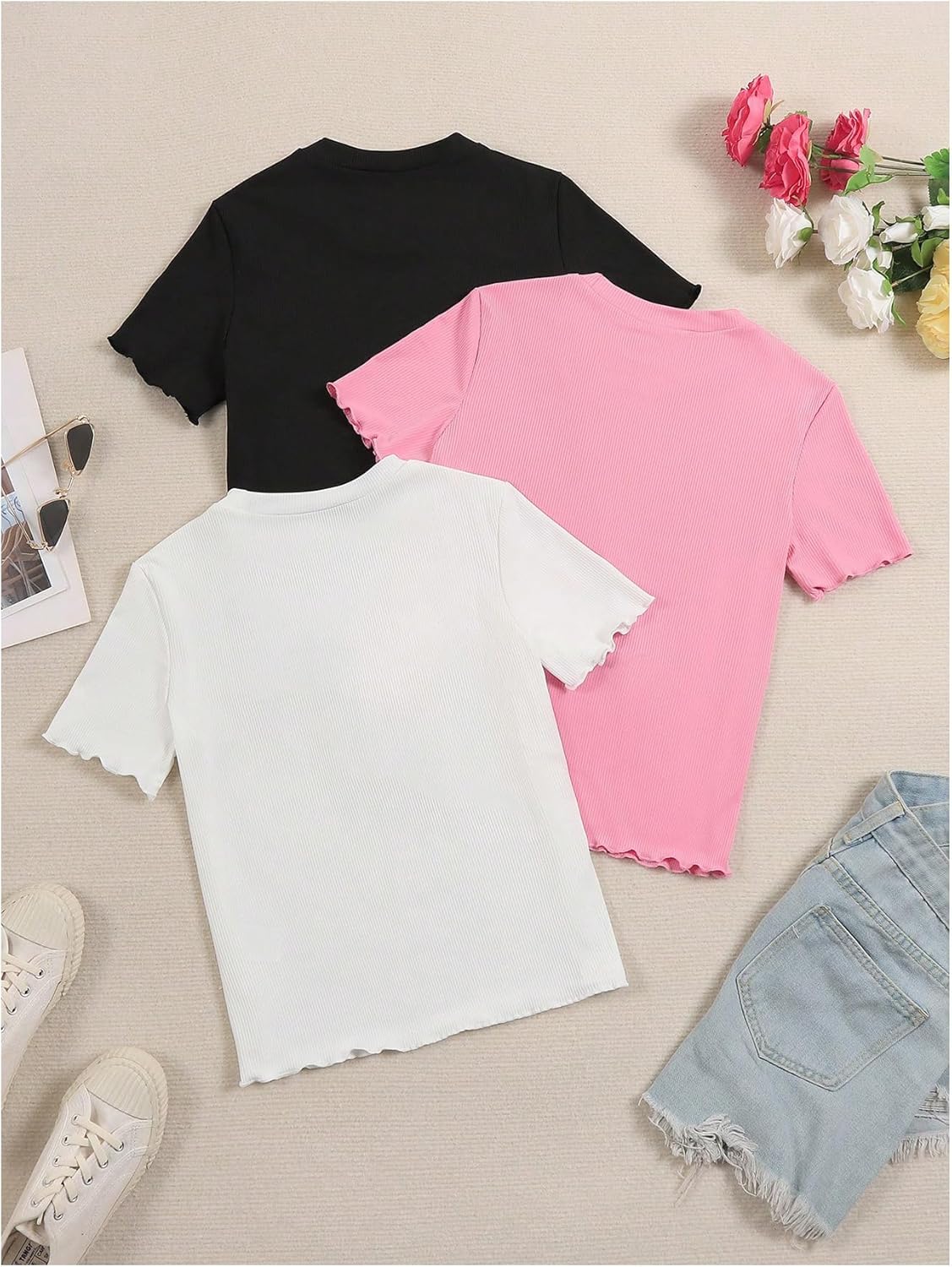 OYOANGLE Girl's 3 Piece Short Sleeve Tees Crew Neck Ribbed Knit Tee Shirts Basic Solid Crew Neck T-Shirt - Image 3
