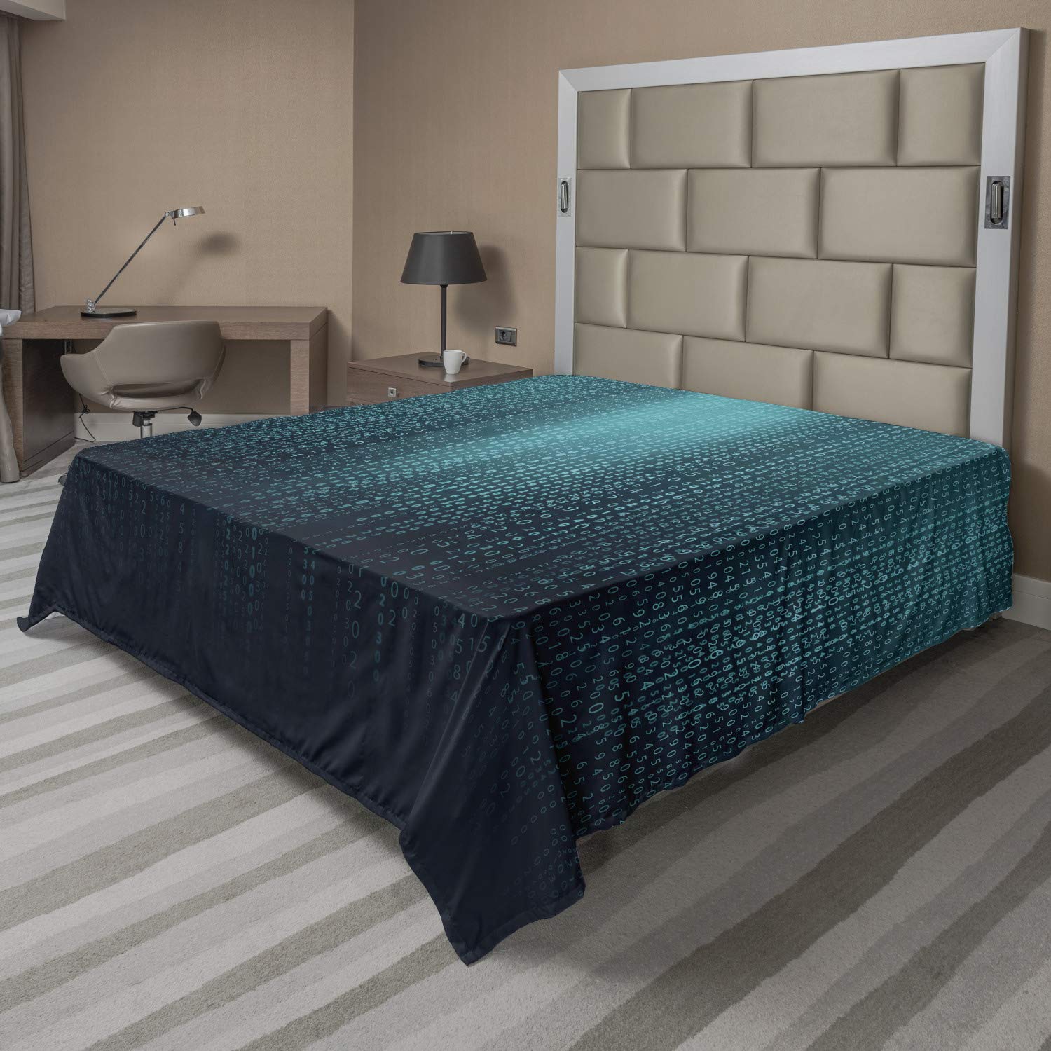 Lunarable Digital Flat Sheet, Web Computer Programmer Futuristic Matrix Display with Algorithms Code Image, Soft Comfortable Top Sheet Decorative Bedding 1 Piece, King Size, Petrol Blue Aqua