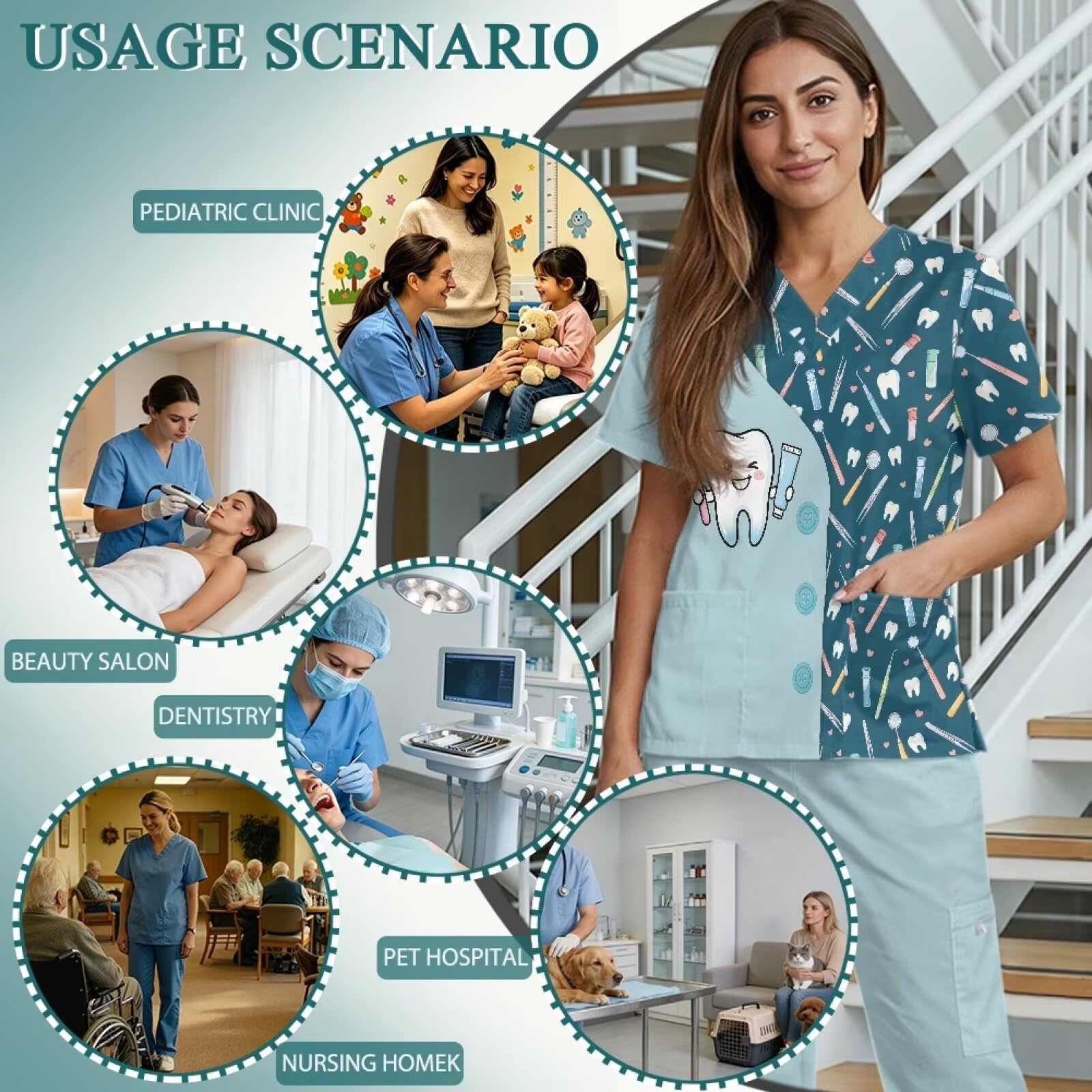 Set di scrub da donna con stampa dentale, comodo scrub infermieristico per donne set per assistenti veterinari, vestibilità rilassata e resistente alle rughe