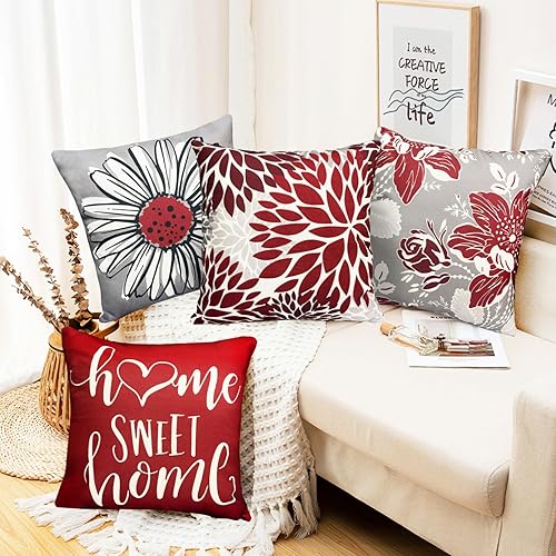 Miniatura 7 de RYSMIYOU Juego de 4 fundas de almohada decorativas de lino rojo vino, de 18 x 18 pulgadas, para sofá, cama, sala de estar, juego de 4 fundas de