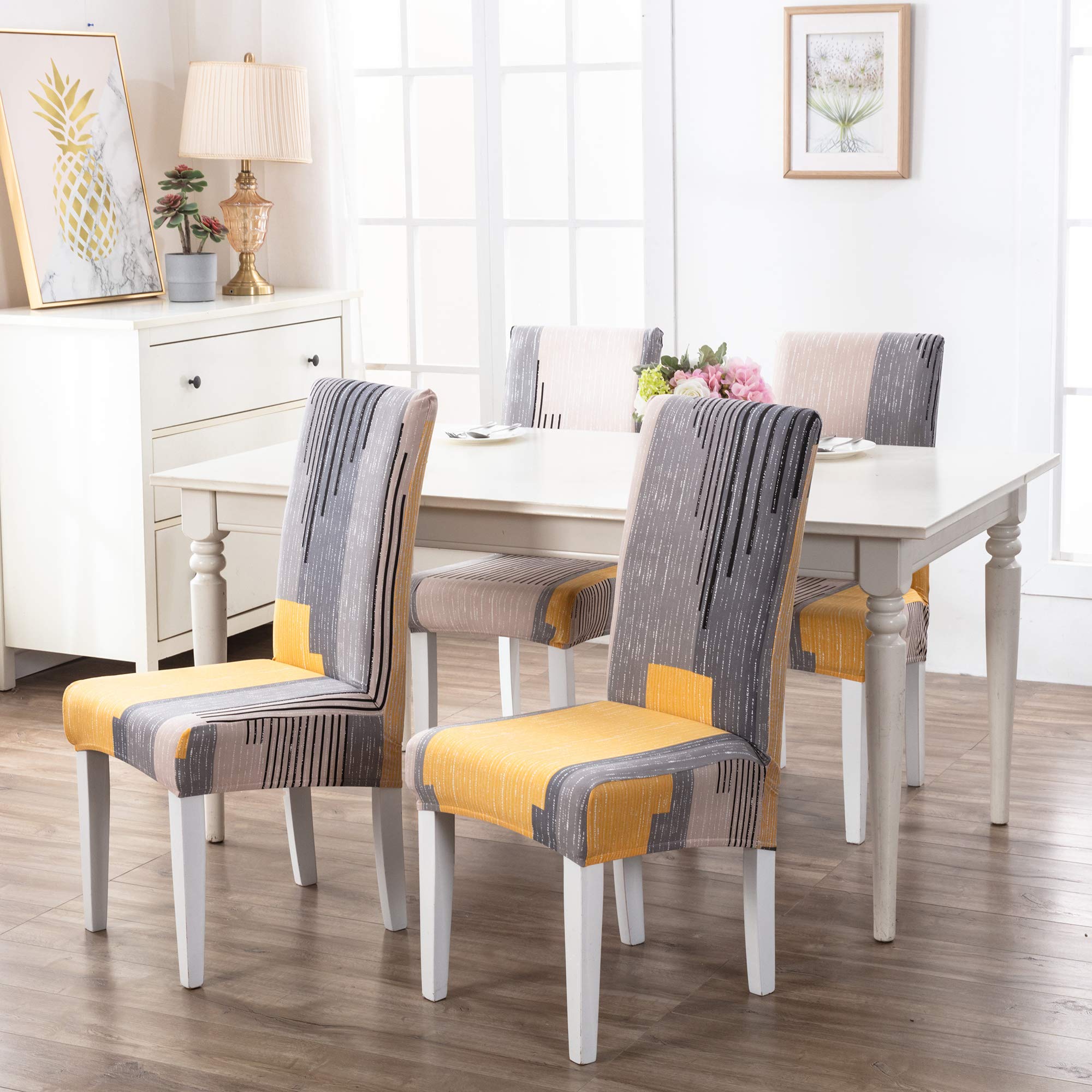 Coprisedie con Schienale 6 Pezzi/4 Pezzi,Coprisedia Elasticizzato,Universale Lavabile Coprisedia Elastico con Schienale per Sala da Pranzo,Hotel,Ristorante (Grigio&Arancio, 6 Pezzi)