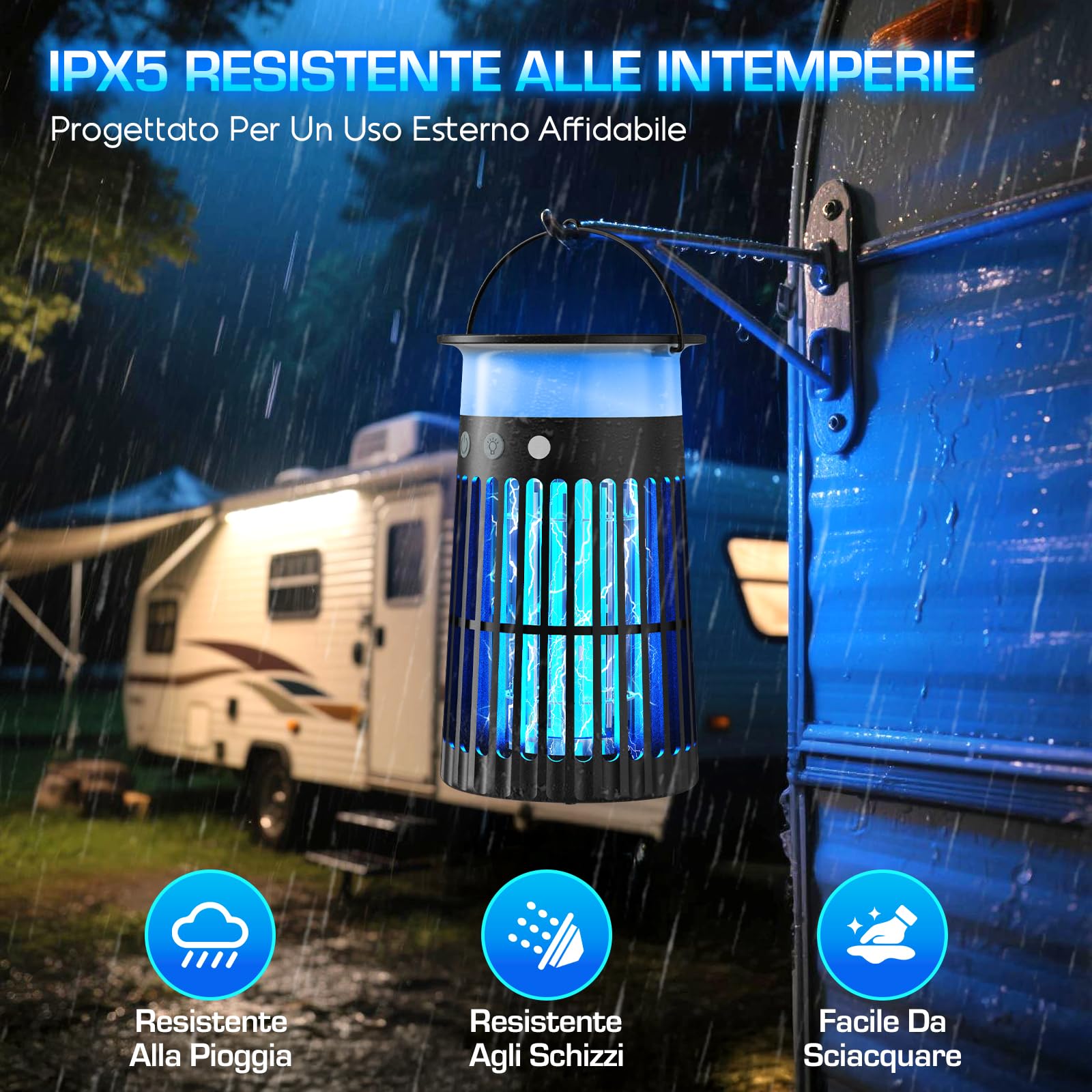 Lampada Antizanzare Solare da Esterno, Zanzariera Elettrica 4200V, Impermeabile IPX5, Ricarica USB-C e Solare, Batteria 4000mAh, Senza Fili per Giardino, Terrazzo, Balcone e Interni