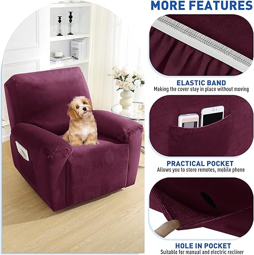 Vista 75 de MAXIJIN - Funda para sillón reclinable de terciopelo de 4 piezas, elástica, afelpada, gruesa y suave, con bolsillo lateral (camello)
