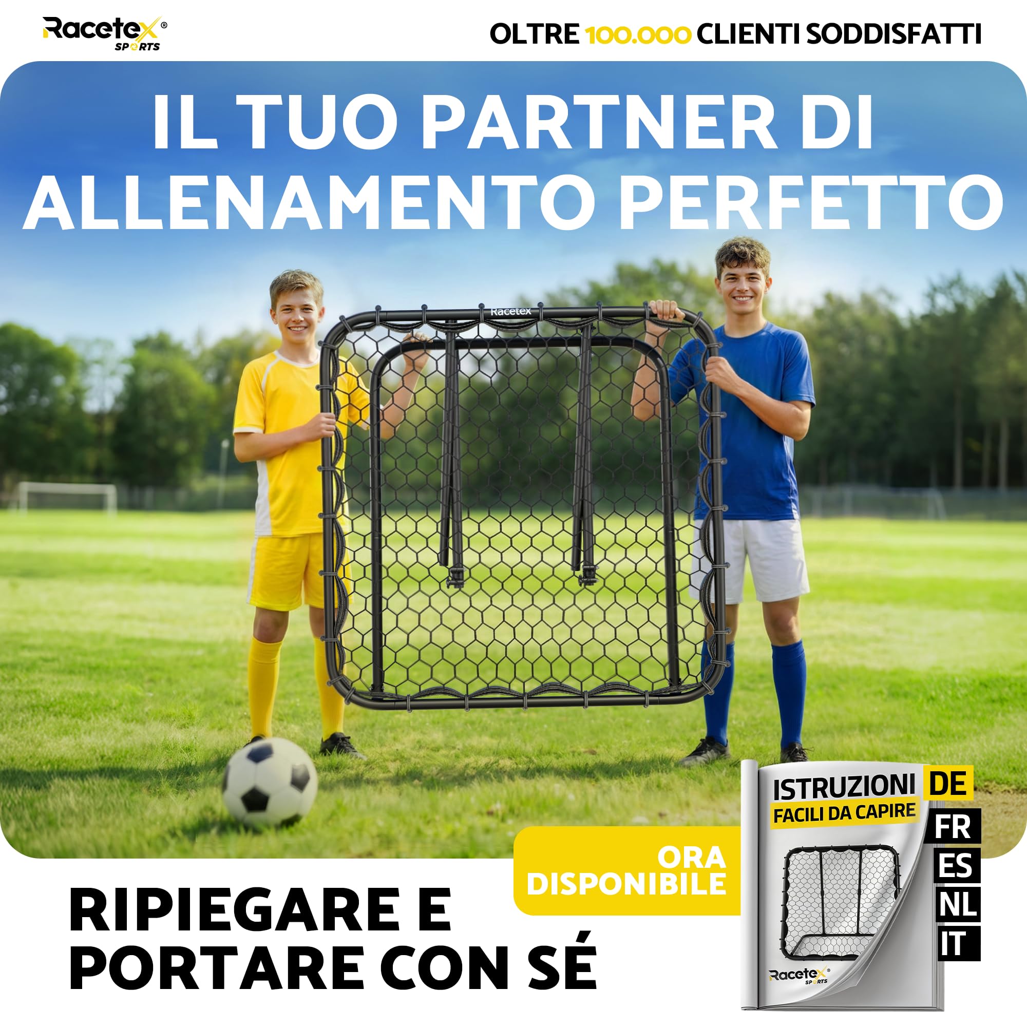 Racetex Rimbalzo per calcio XXL [125 cm x 125 cm) – Rimbalzo da calcio con struttura robusta e angolo regolabile – Calcio rimbalzo per allenamento di tiro, passaporto e balla