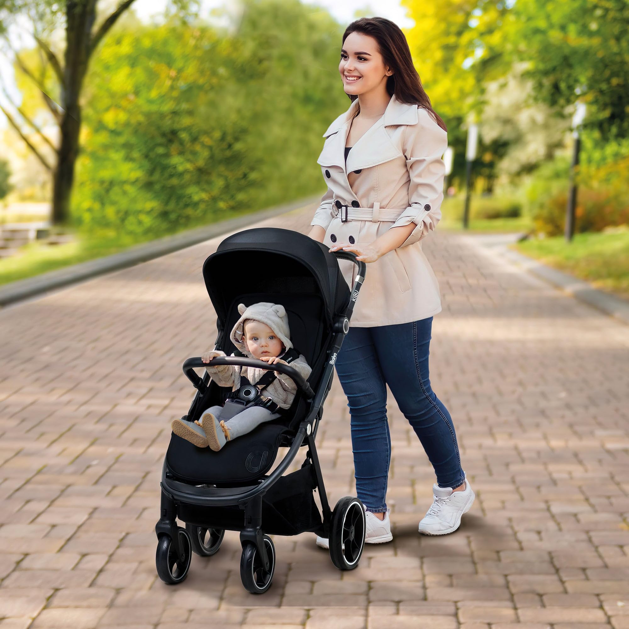 Asalvo KIBU Silla de Paseo, Carrito bebé, Carro para bebés, Confortable, Ultraligera, Segura, Capota con Ventana y Freno Trasero, Manejable, Plegado compacto, Carga Máxima 24 kg, Negro
