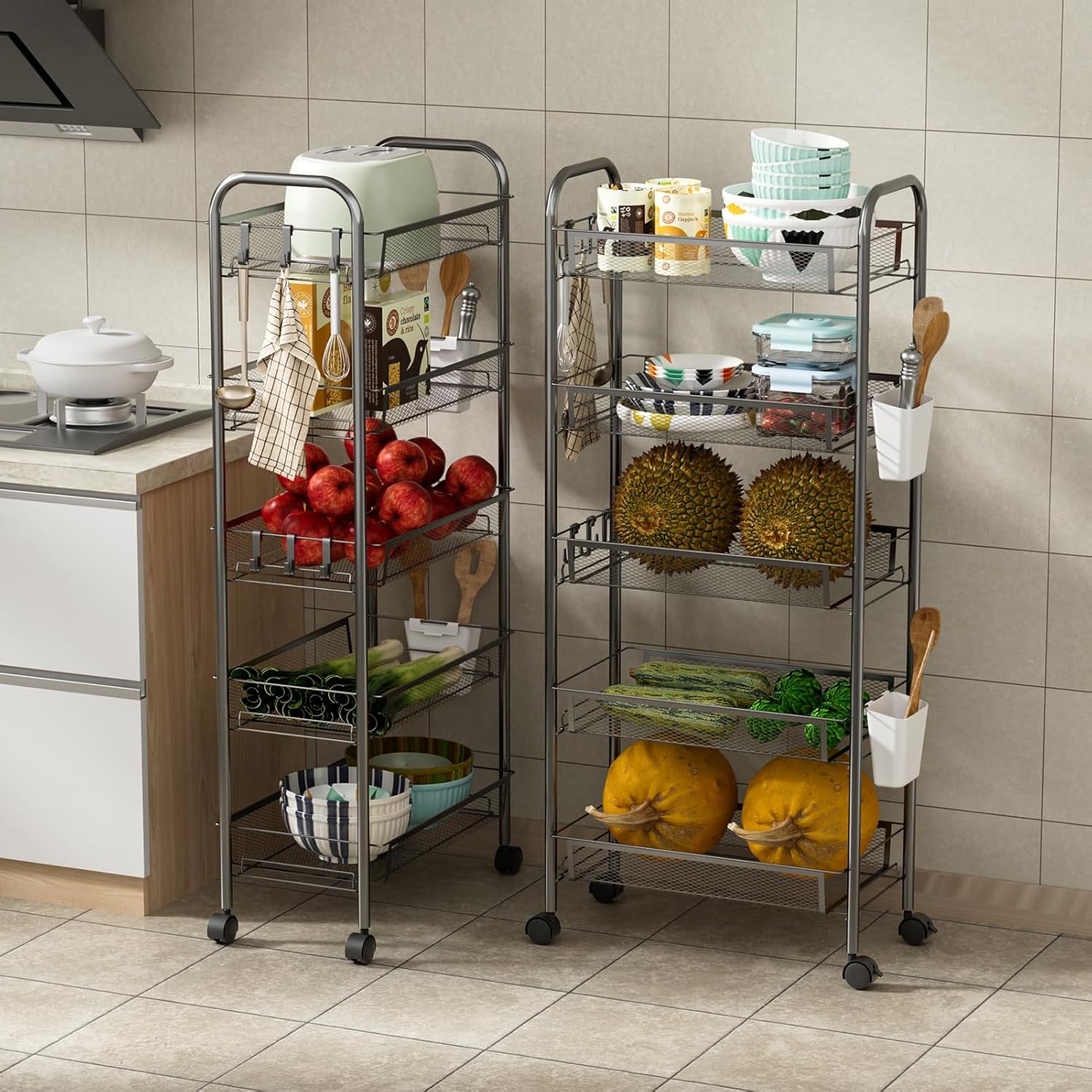 5-Tier Stackable Mesh Storage Cart, Carbon Steel Rolling Organizer with 360° Swivel Wheels & Hanging Boxes for Kitchen Bedroom Laundry Room Black 5-Layers