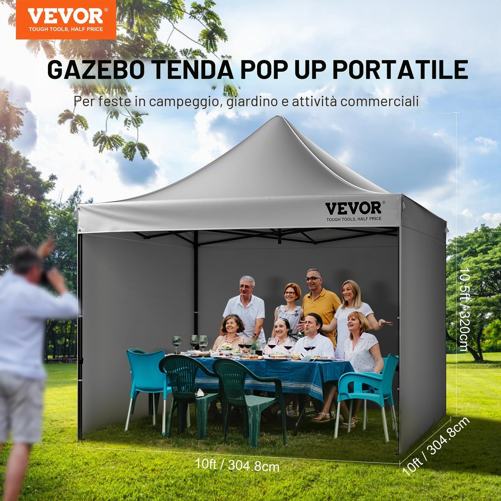 VEVOR Gazebo Tenda Pop-up Pieghevole con Pareti Laterali Rimovibili Gazebo 304,8 x 304,8 cm Portatile con Borsa a Rotelle, Tendalino Impermeabile per Eventi Feste Campeggio all'Aperto Giardino Cortile