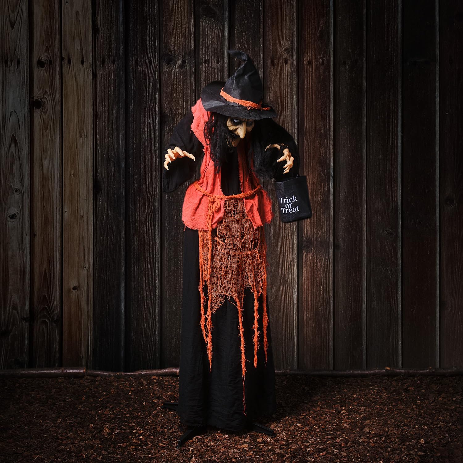 Lights4Fun Animated Halloween Witch Figurine - Life Size Moving Animatronic Decoration with Robe Flashing Red LED Eyes Sound Activation - 160cm Tall - Indoor Use