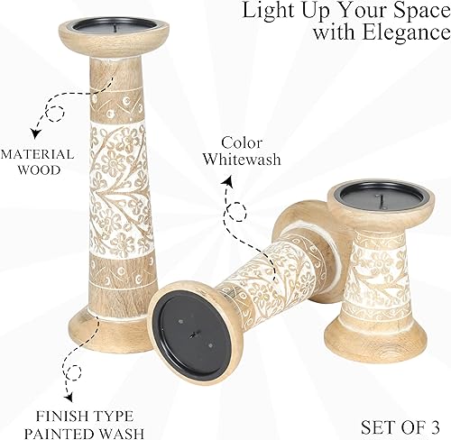 Miniatura 4 de Portavelas de pilar de madera tallada a mano, juego de 3, estilo decorativo tallado, hecho de madera de mango, decoración rústica de centro de mesa,