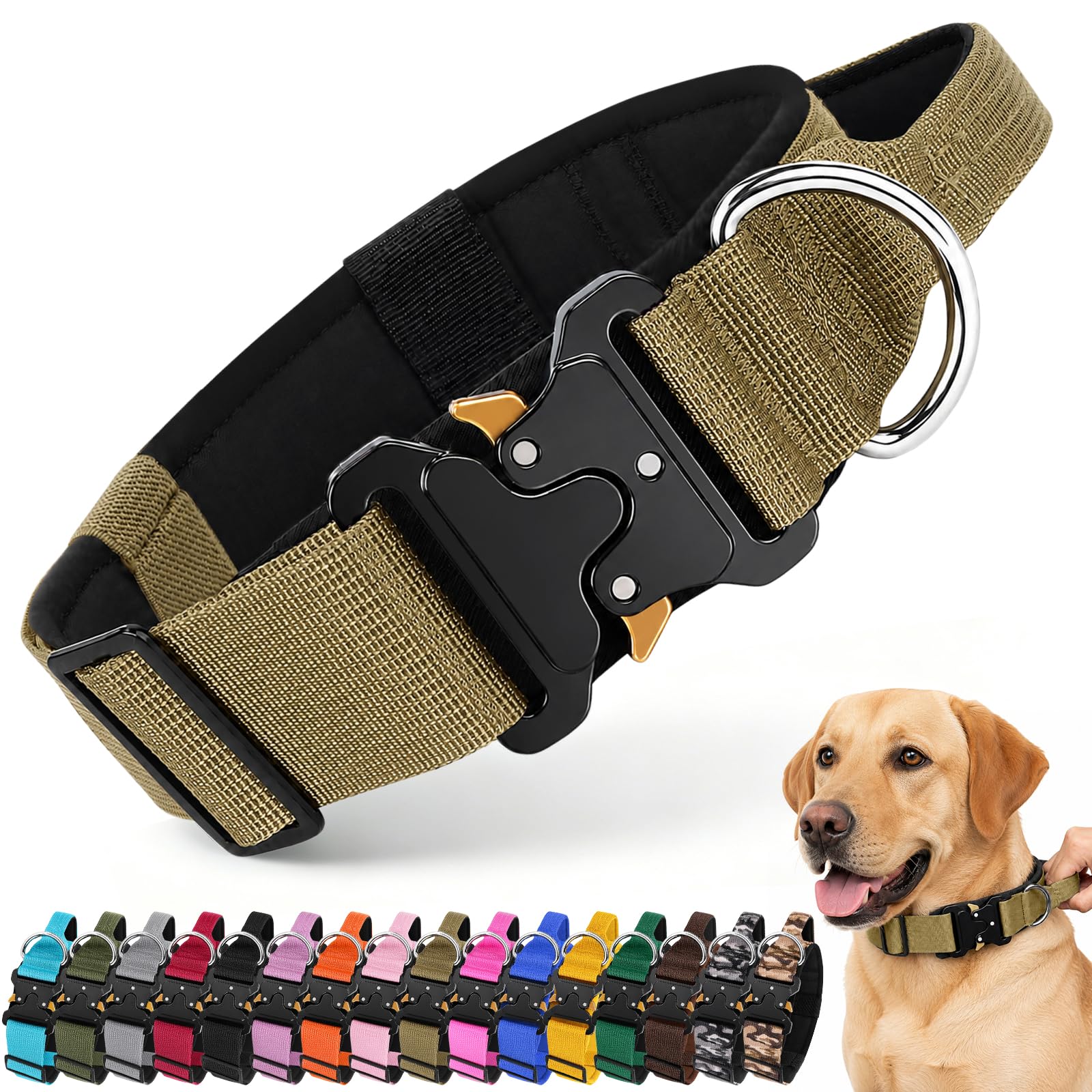 Tactical Dog Collar, Adjustable Wide Thick Heavy Duty Dog Collar with Control Handle and Metal Buckle, Military Nylon Soft Padded Pet Collars for Medium Large Dogs Training Outdoors (Khaki, L)