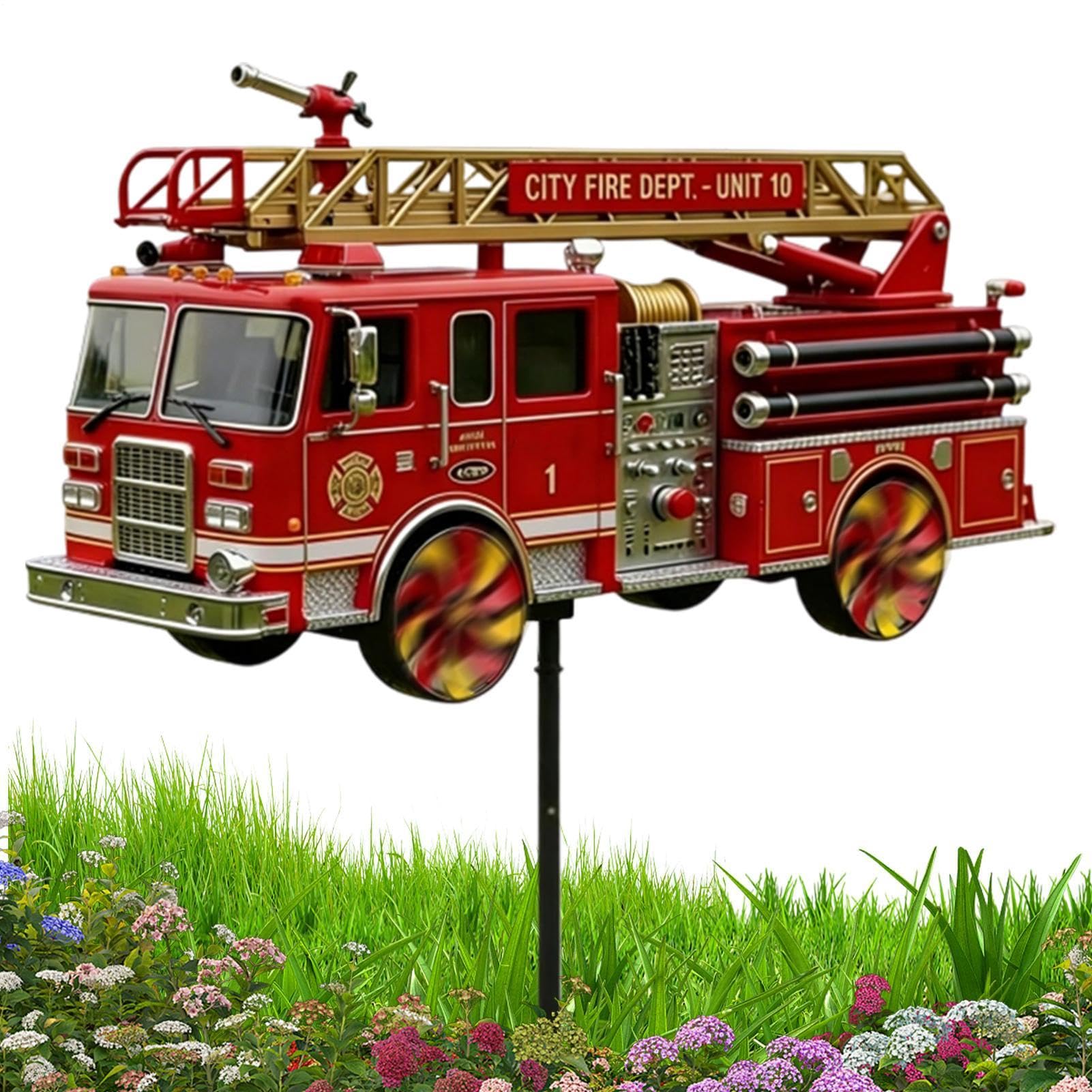 Fire Engine Windmill Decor - Outdoor Metal Spinner Ornament, Garden Stake Sculpture Display, Rustic Lawn Art Piece | kineticc Decoration with Courtyard Backyard Patio Farmhouse Event