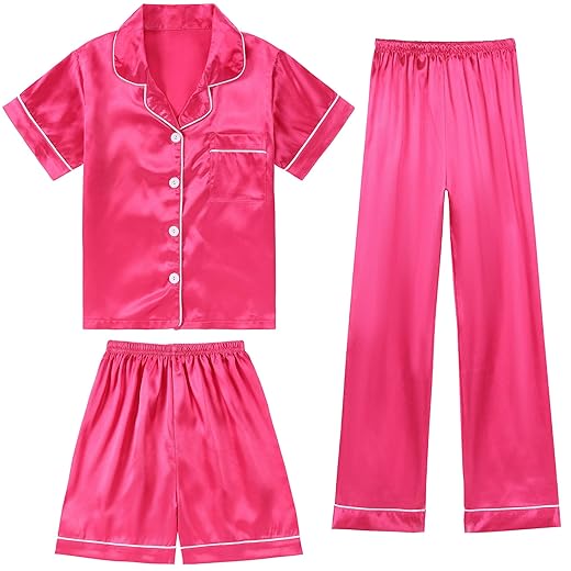 DIPUG 3 Piece Girls Silk Pajamas Set Soft Satin PJs Sleepwear for Comfortable Nights