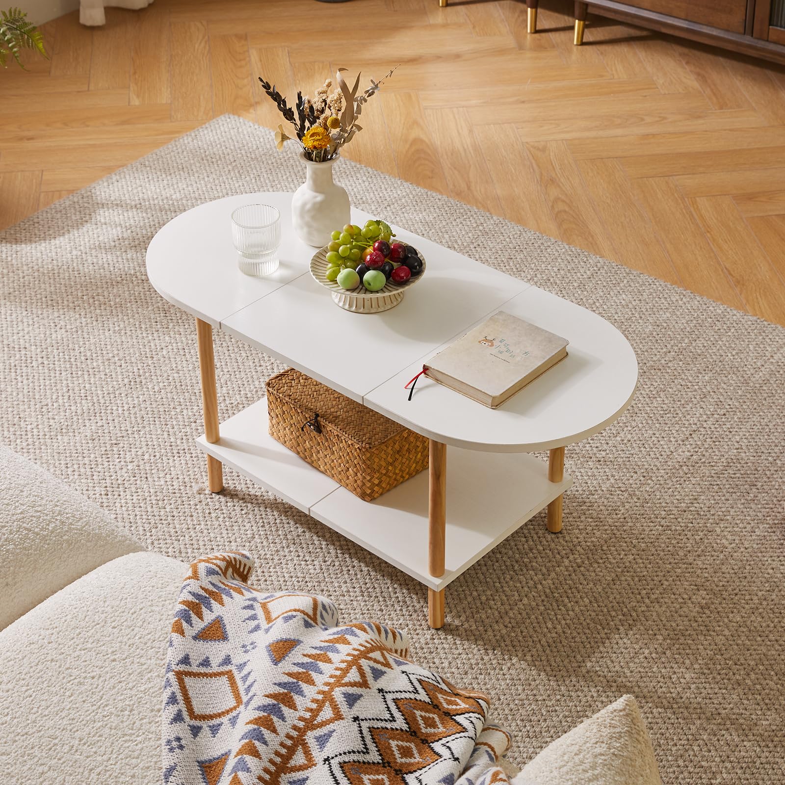 Aibiju Tavolino Ovale Bianco, Tavolino in Legno Piccolo per Piccoli Spazi, Design di Giuntura 35 * 16 * 17 Pollici, Tavolo Centrale a 2 livelli per Soggiorno Bianco YD-011W