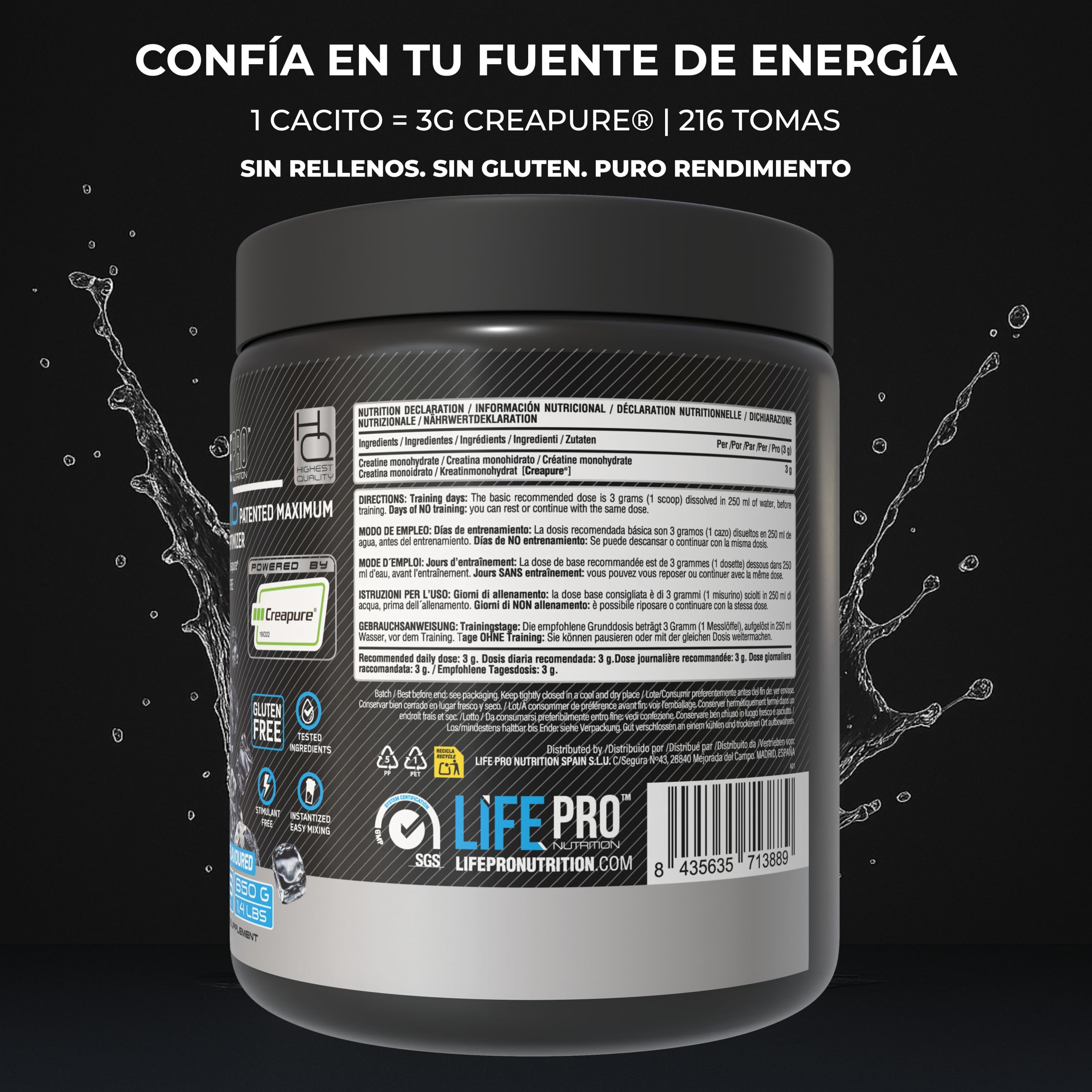 Creatina Monohidratada Creapure Life Pro – Creatina Micronizada Pura, Hasta 216 Tomas – Sin Gluten, Para Fuerza, Energía y Recuperación Muscular – Calidad Alemana (650g - 1,4lbs, Sin sabor)