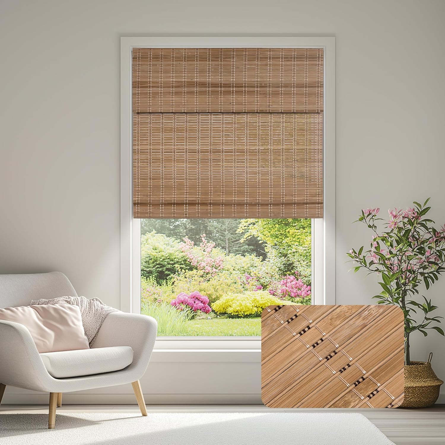 Cordless Bamboo Roman Shades, Natural Light Filtering Bamboo Blinds, Roll Up Roman Blinds for Windows,Fine Lines - Light Brown,Custom Size