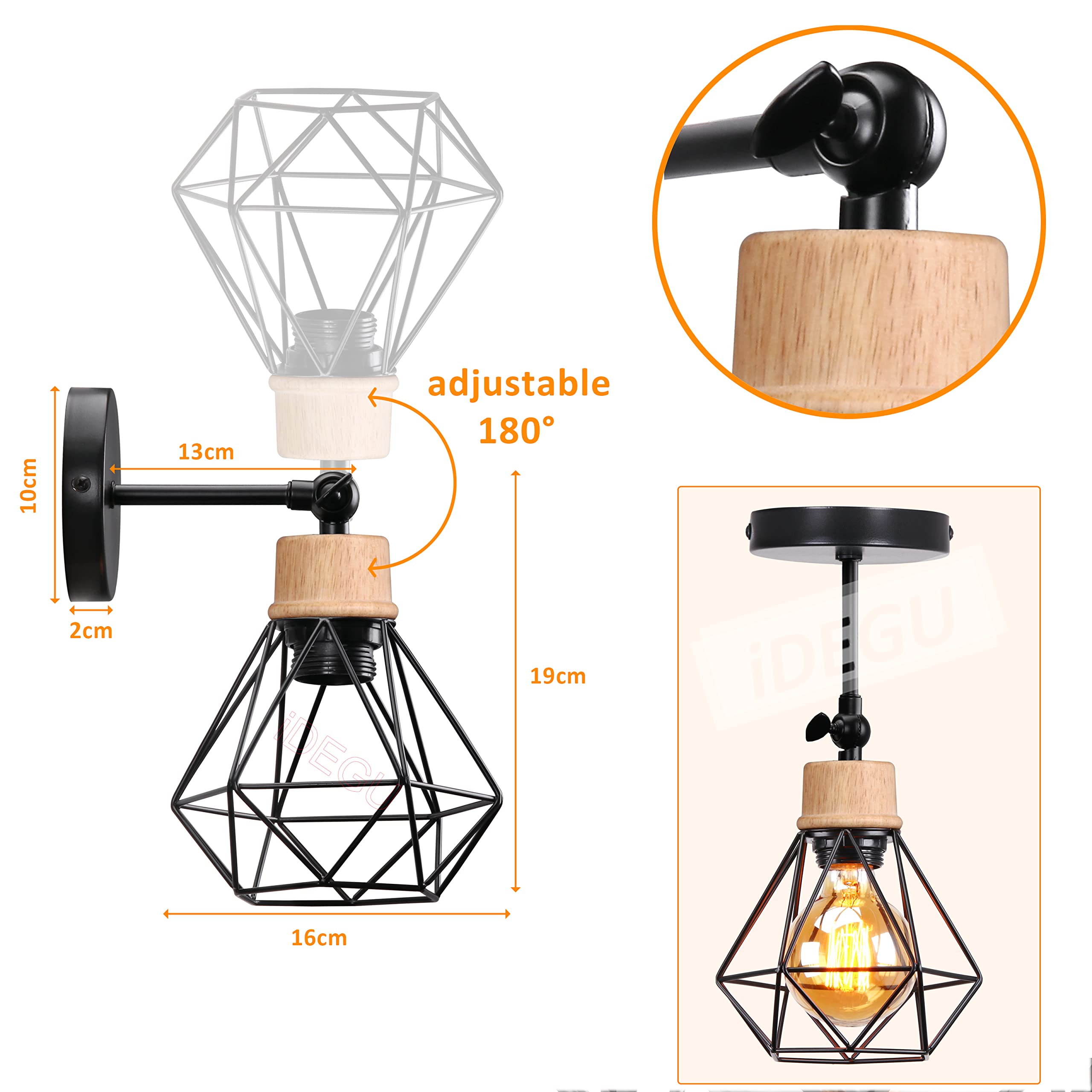 iDEGU 2 stuks vintage wandlamp, 15 cm, wandlamp, industrieel design, geometrische kooi, lampenkap, retro lamp van hout en ijzer, verstelbare plafondlamp, wandlamp voor keuken hal (type A zwart