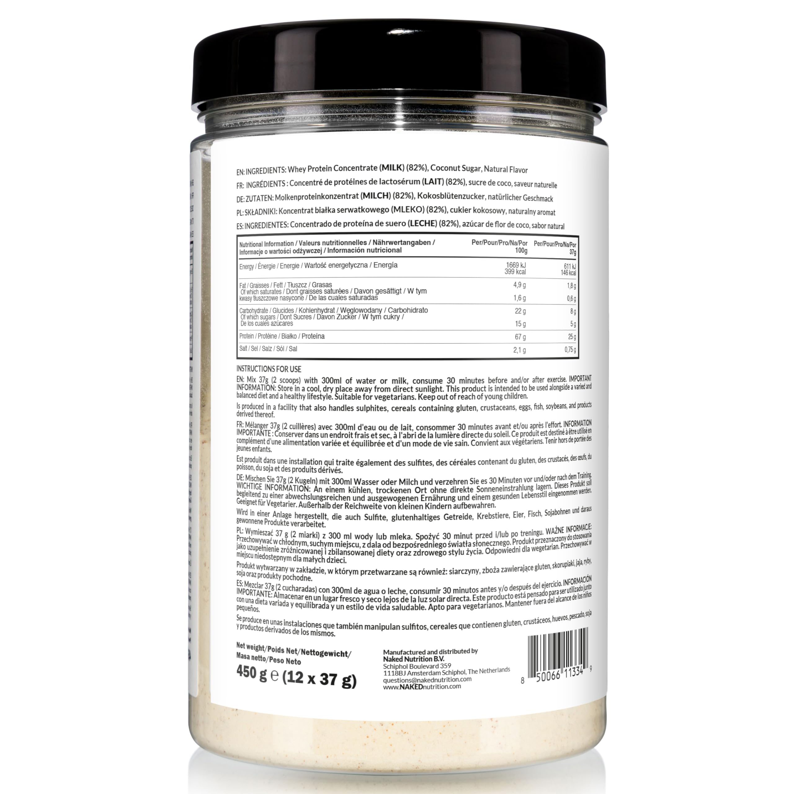 Naked Whey - Suplement diety w postaci proszku zawierający białko serwatkowe, o smaku waniliowym, bez GMO, bez soi, bez glutenu, wspomagający wzrost i regenerację mięśni, 450 g