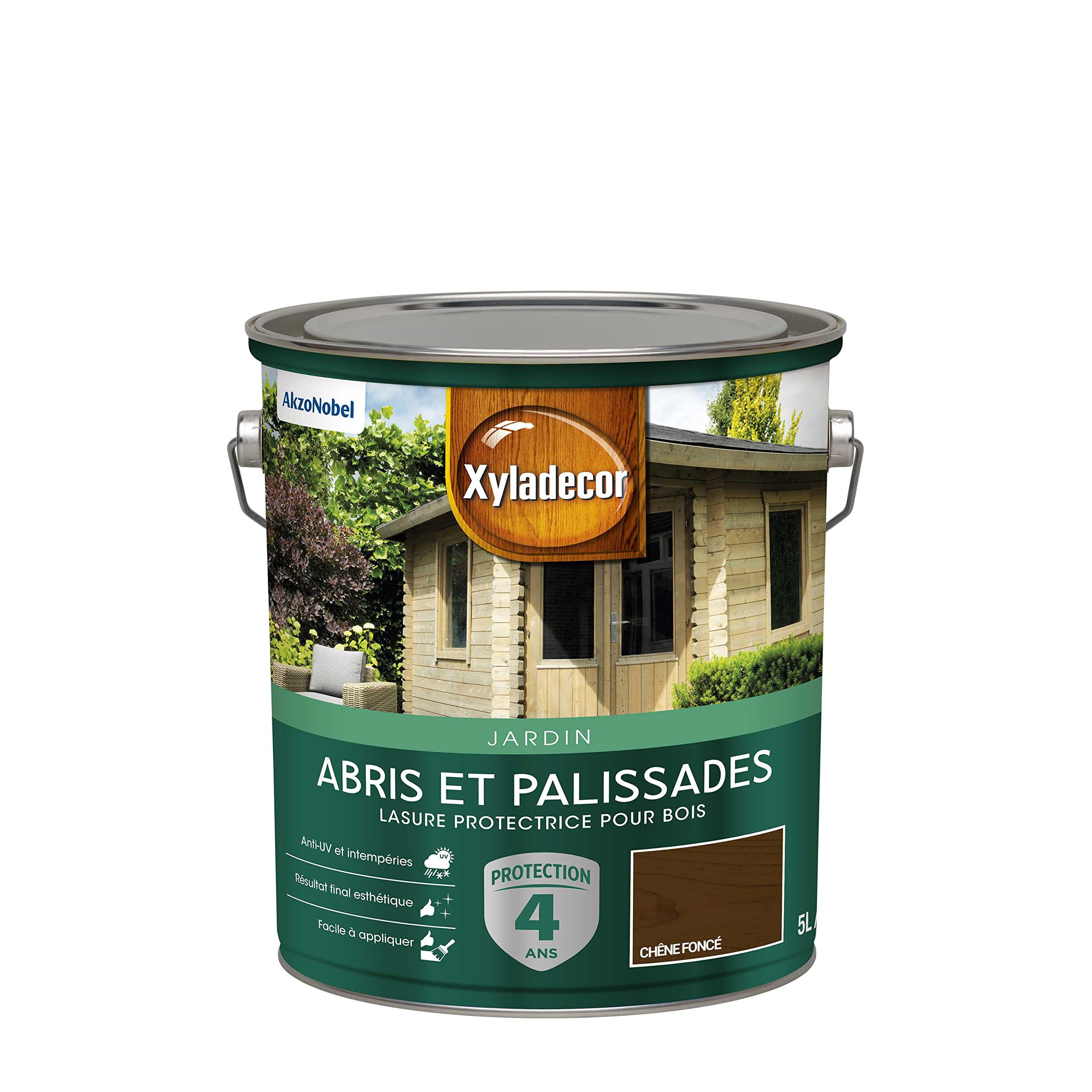 Xyladecor - Lasure Protectrice pour Bois Extérieur Jardin - Abris, Palissades, Espaliers, Kiosques, Barrières - Chêne Foncé - Quantité : 5 L
